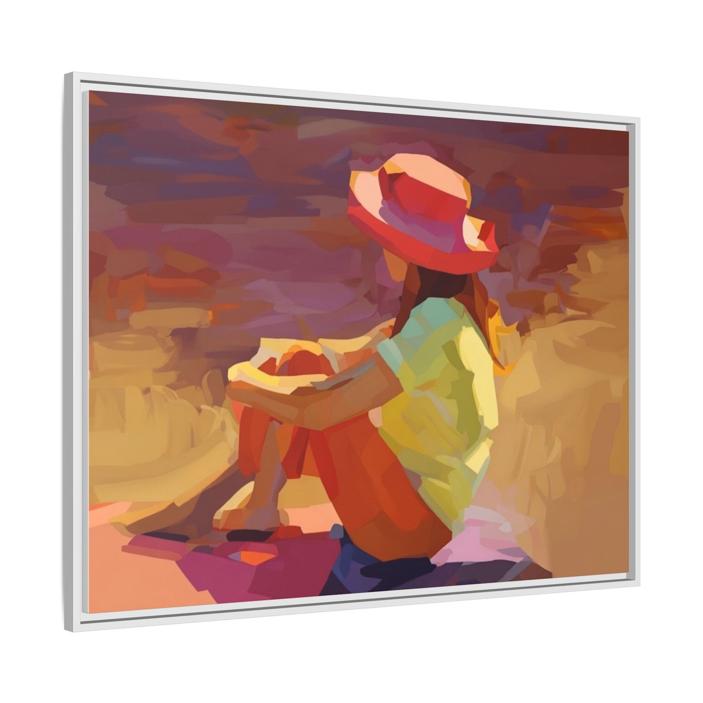 Framed Matte Canvas — Colorful Seated Girl Beach Art