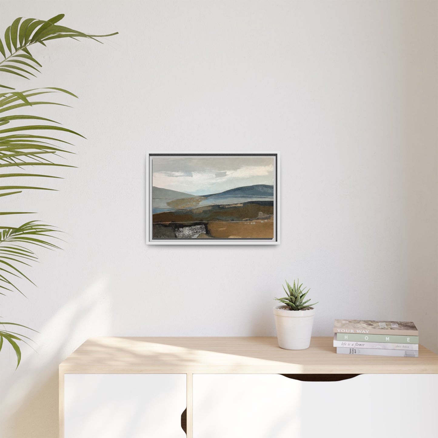 Framed Matte Canvas Landscape Art - Serene Abstract Hills in Blue & Earth Tones