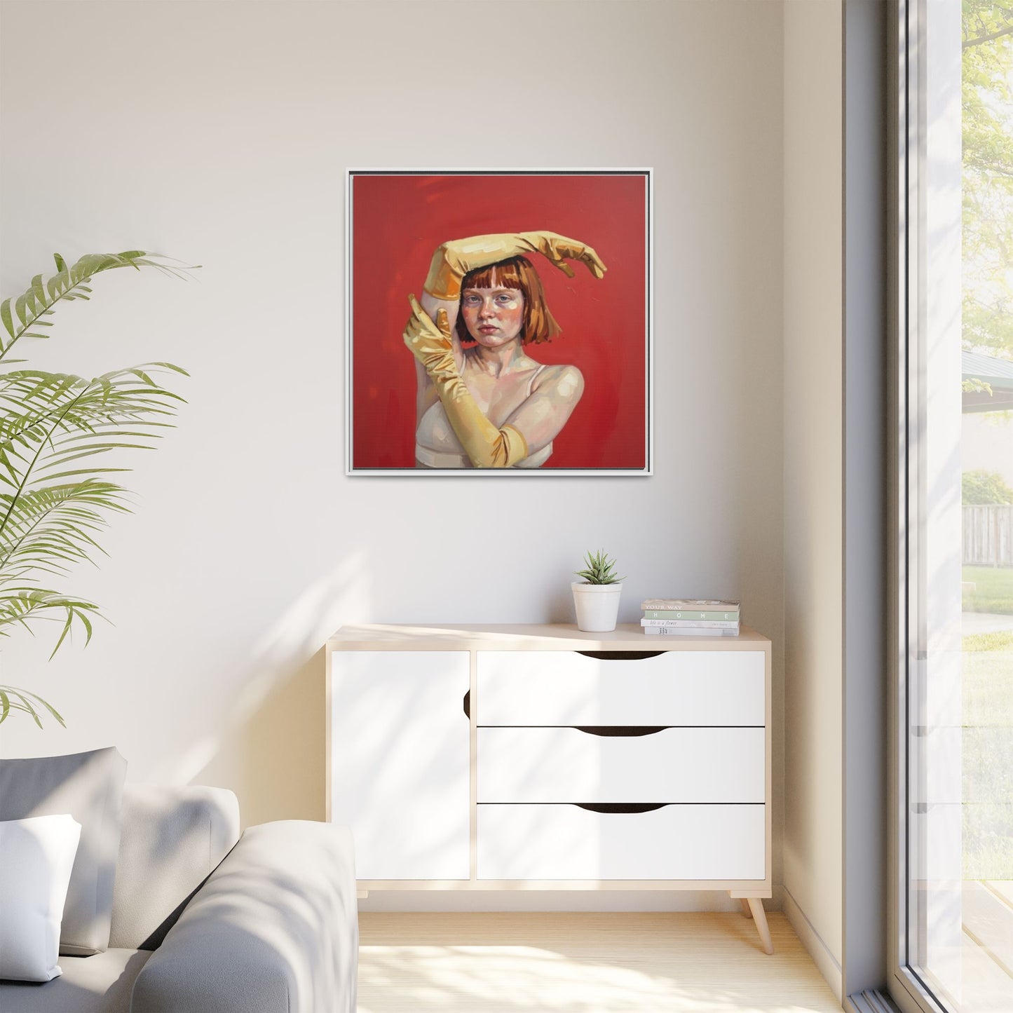 Framed Matte Canvas Art - Portrait of Woman in Yellow Gloves (Red Background)