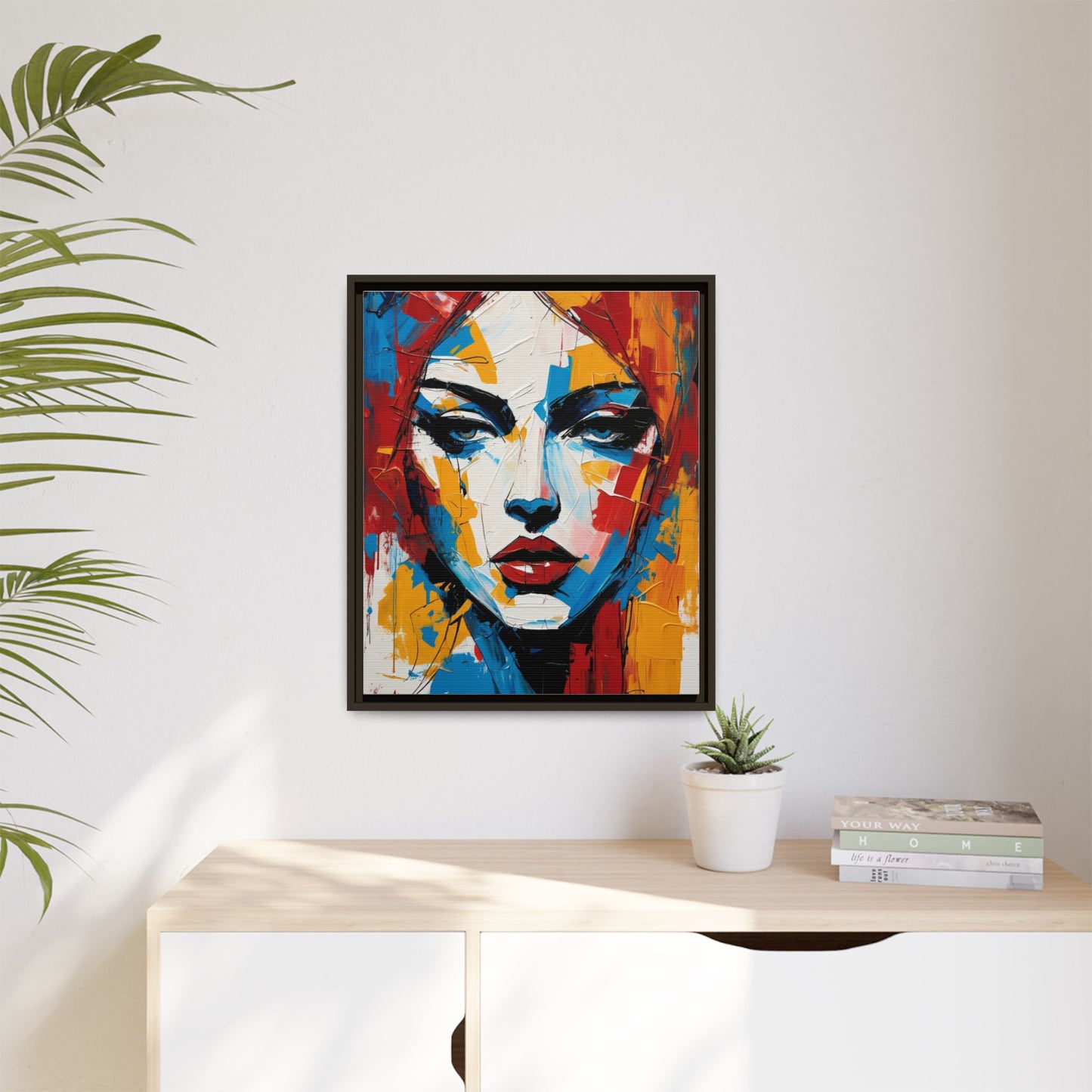 Framed Abstract Portrait Canvas — Colorful Female Face Wall Art