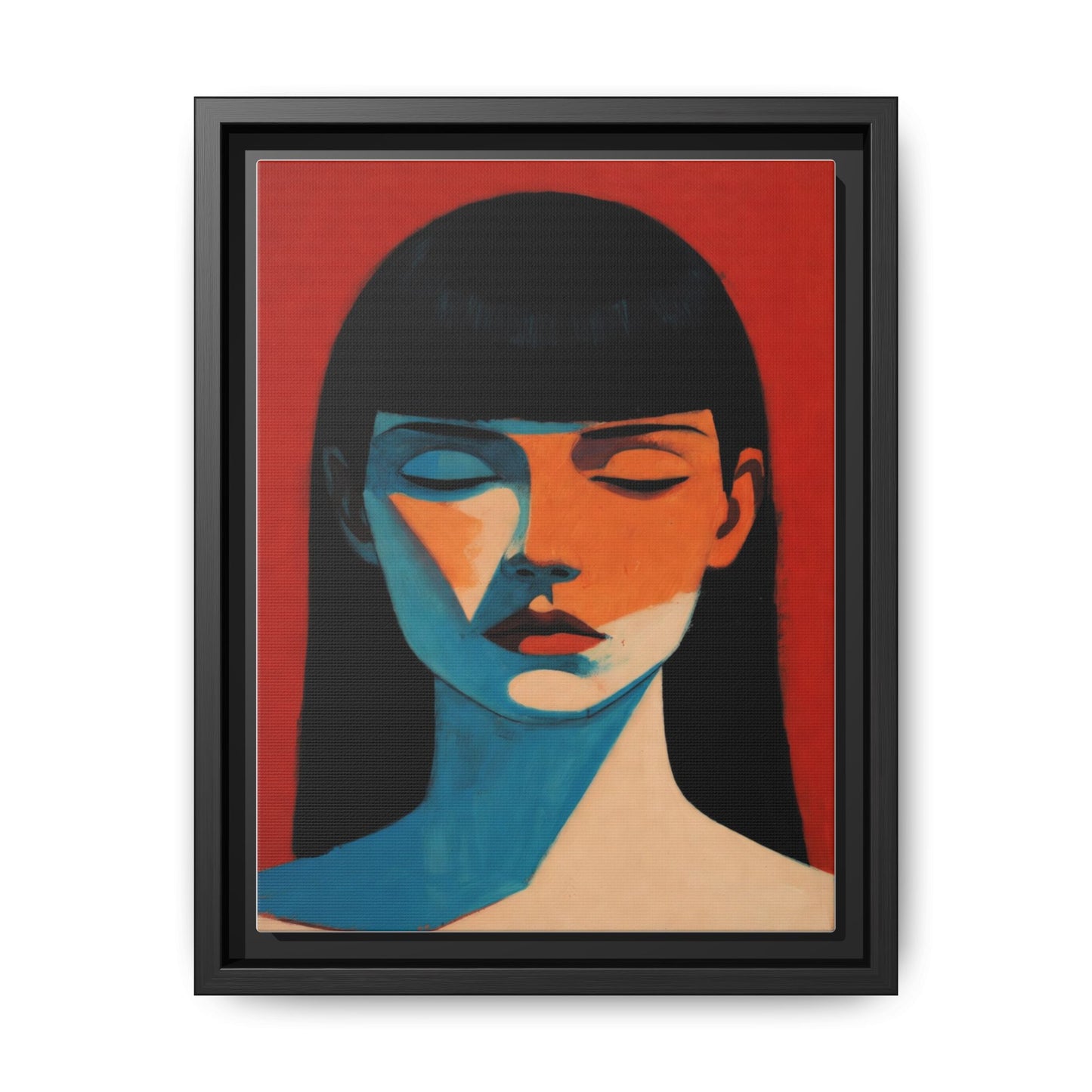 Framed Matte Canvas Art – Minimalist Portrait in Red & Teal