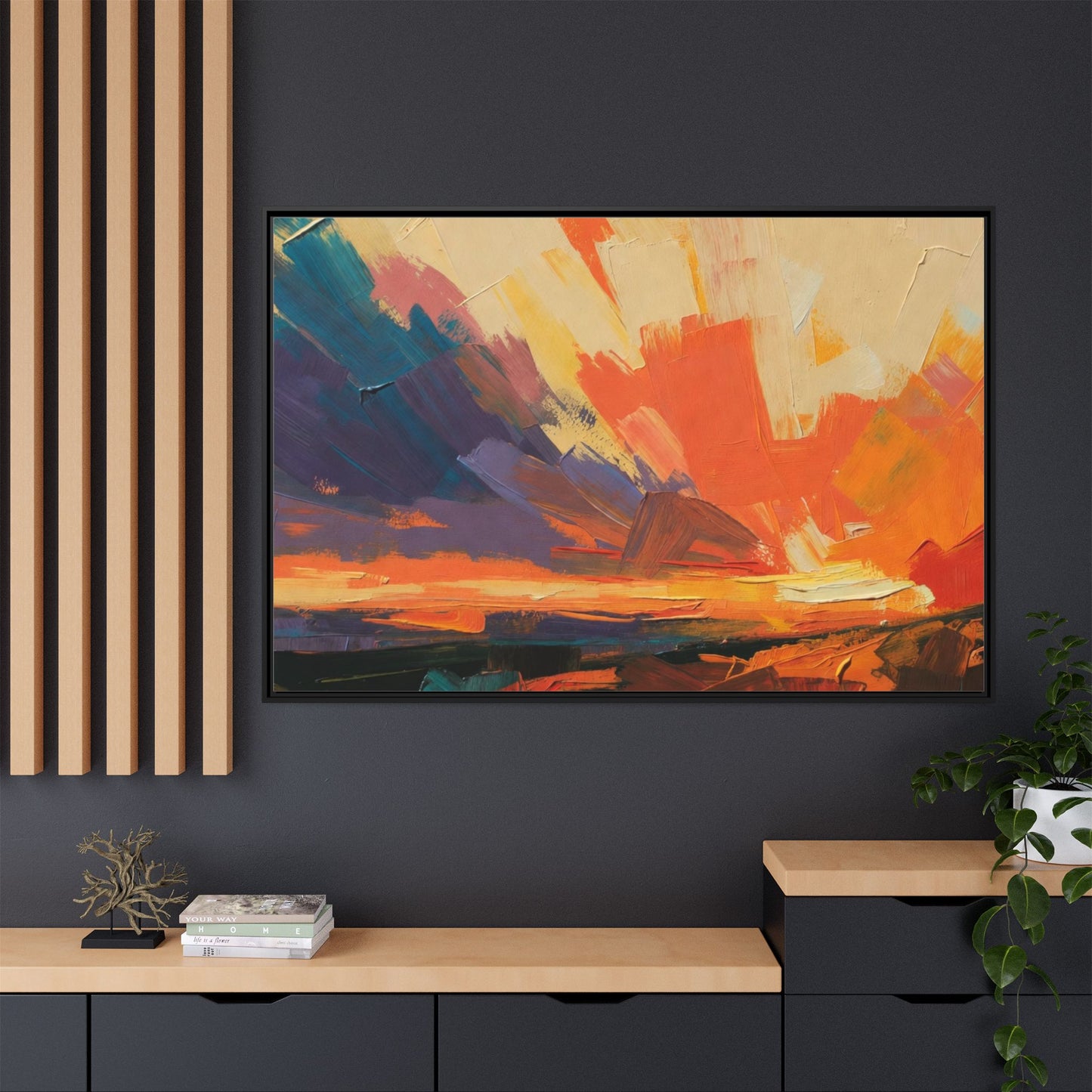 Framed Abstract Sunset Canvas Art – Multicolor Matte Wall Decor