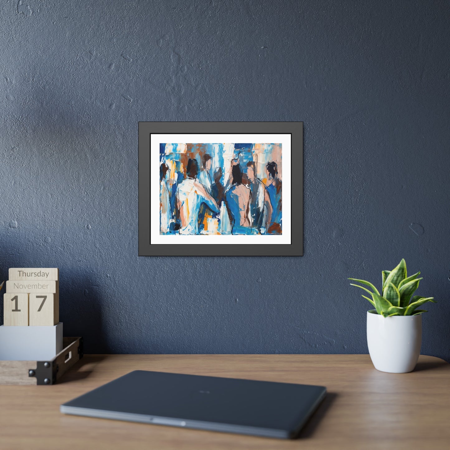 Framed Abstract Figure Art Print — Blue & Ochre Contemporary Poster