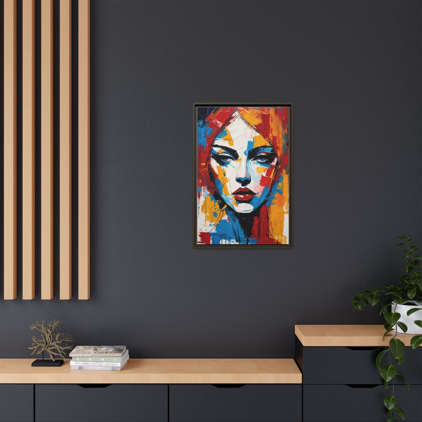 Framed Abstract Portrait Canvas — Colorful Female Face Wall Art
