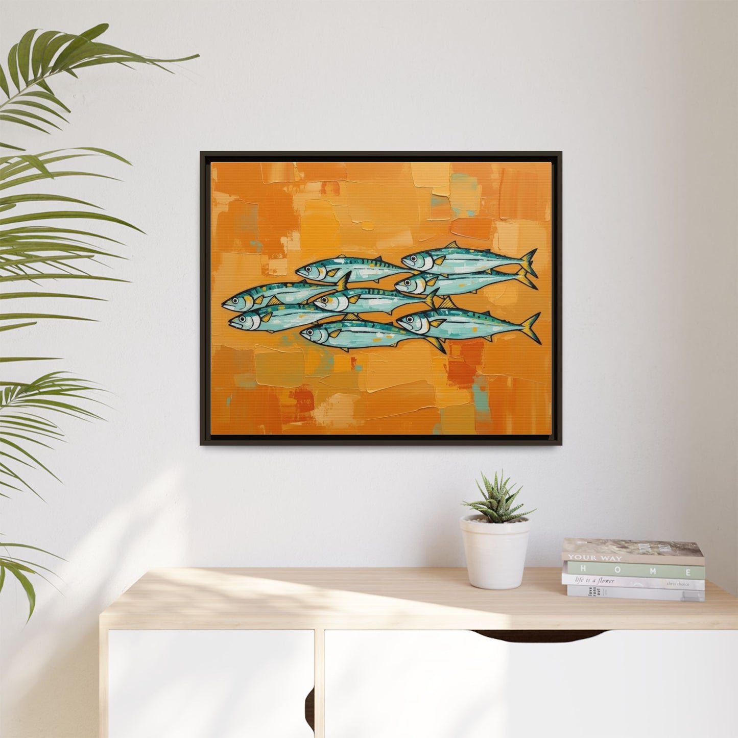 Framed Matte Canvas Print — School of Blue Fish on Orange Abstract Background