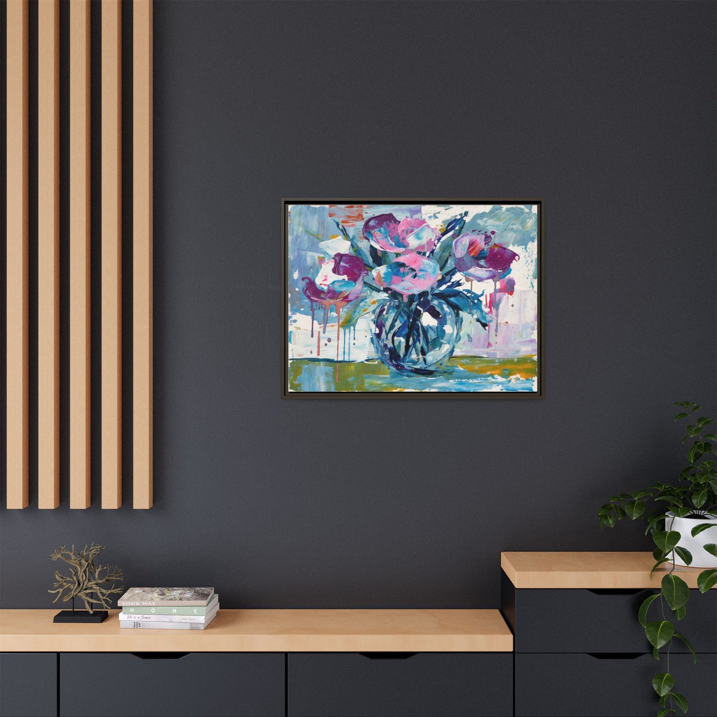 Framed Floral Canvas Art — Abstract Pink & Blue Bouquet
