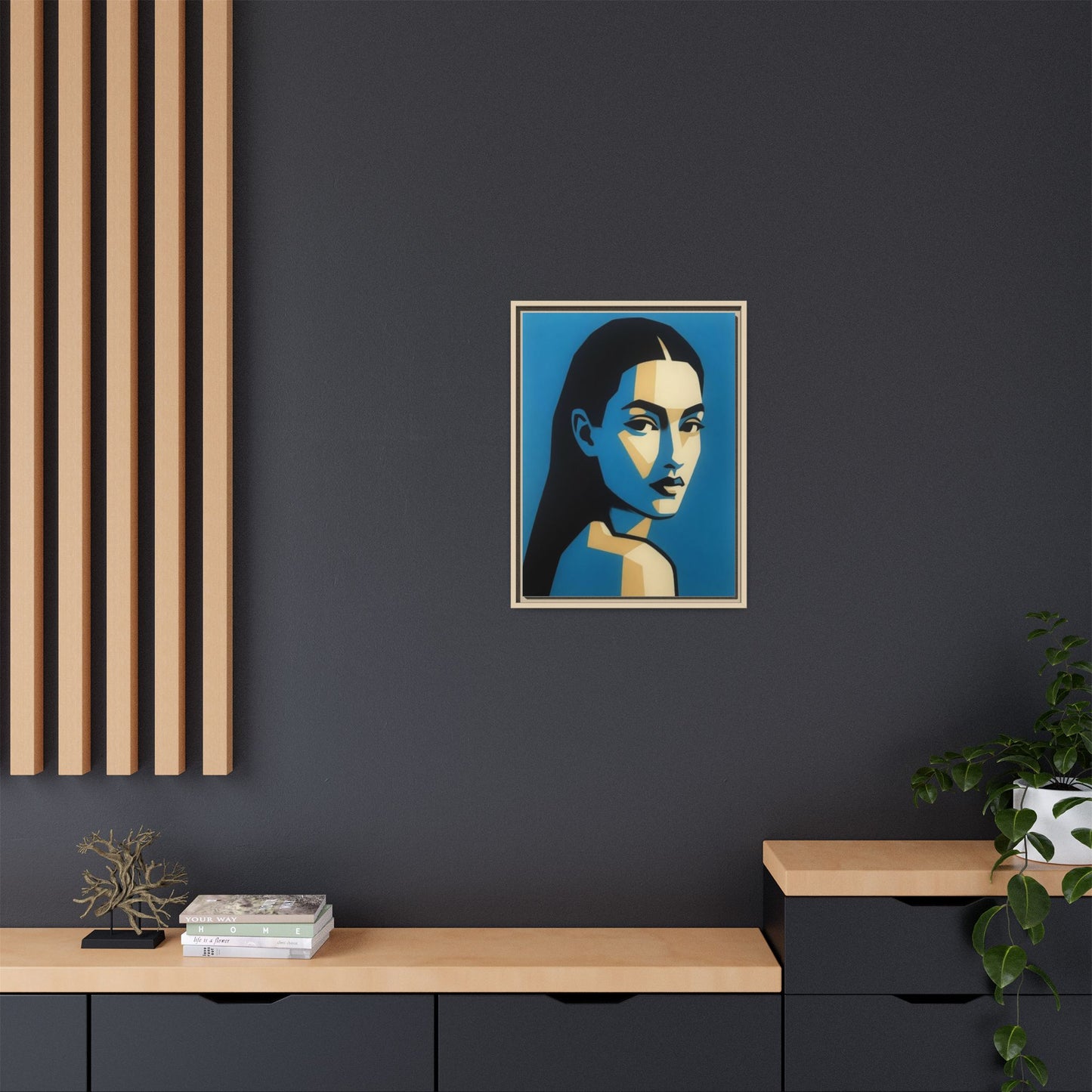 Framed Pop Art Portrait Canvas — Blue Geometric Woman Print