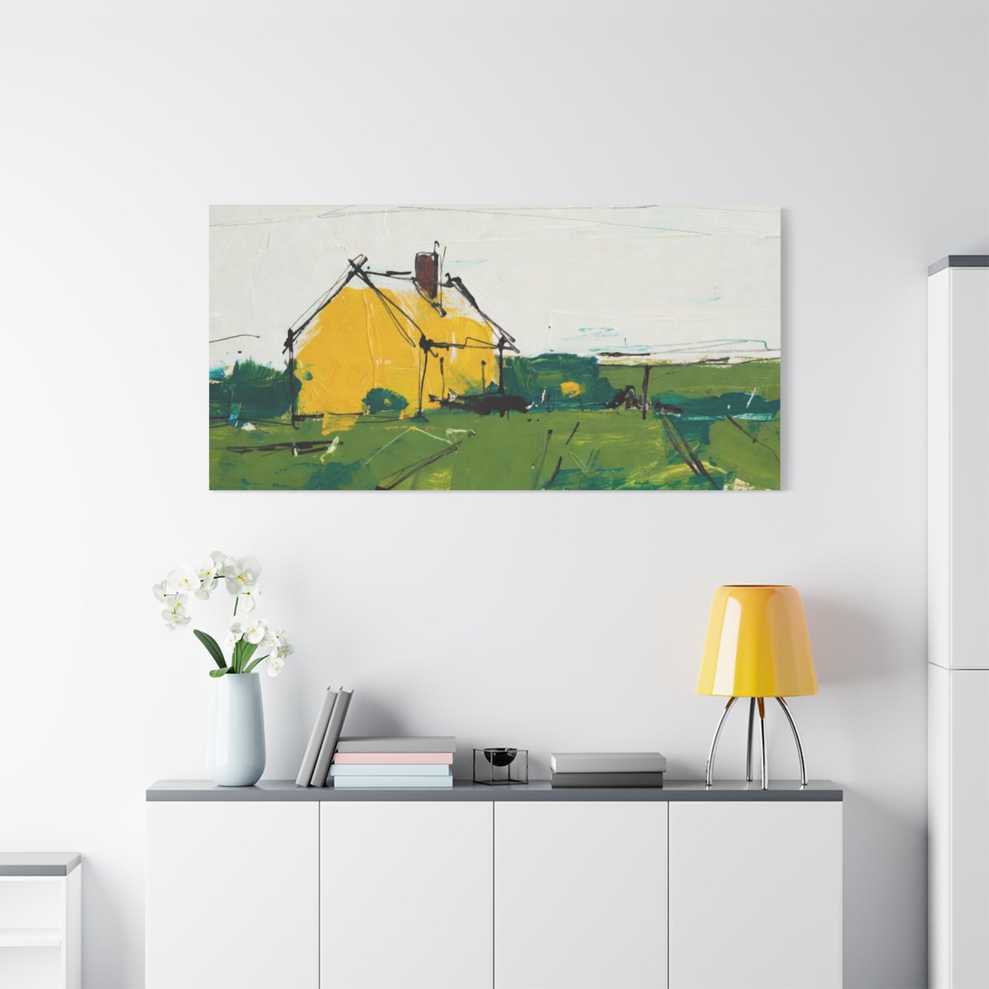 Yellow Cottage Landscape Canvas - Matte Stretched Wall Art