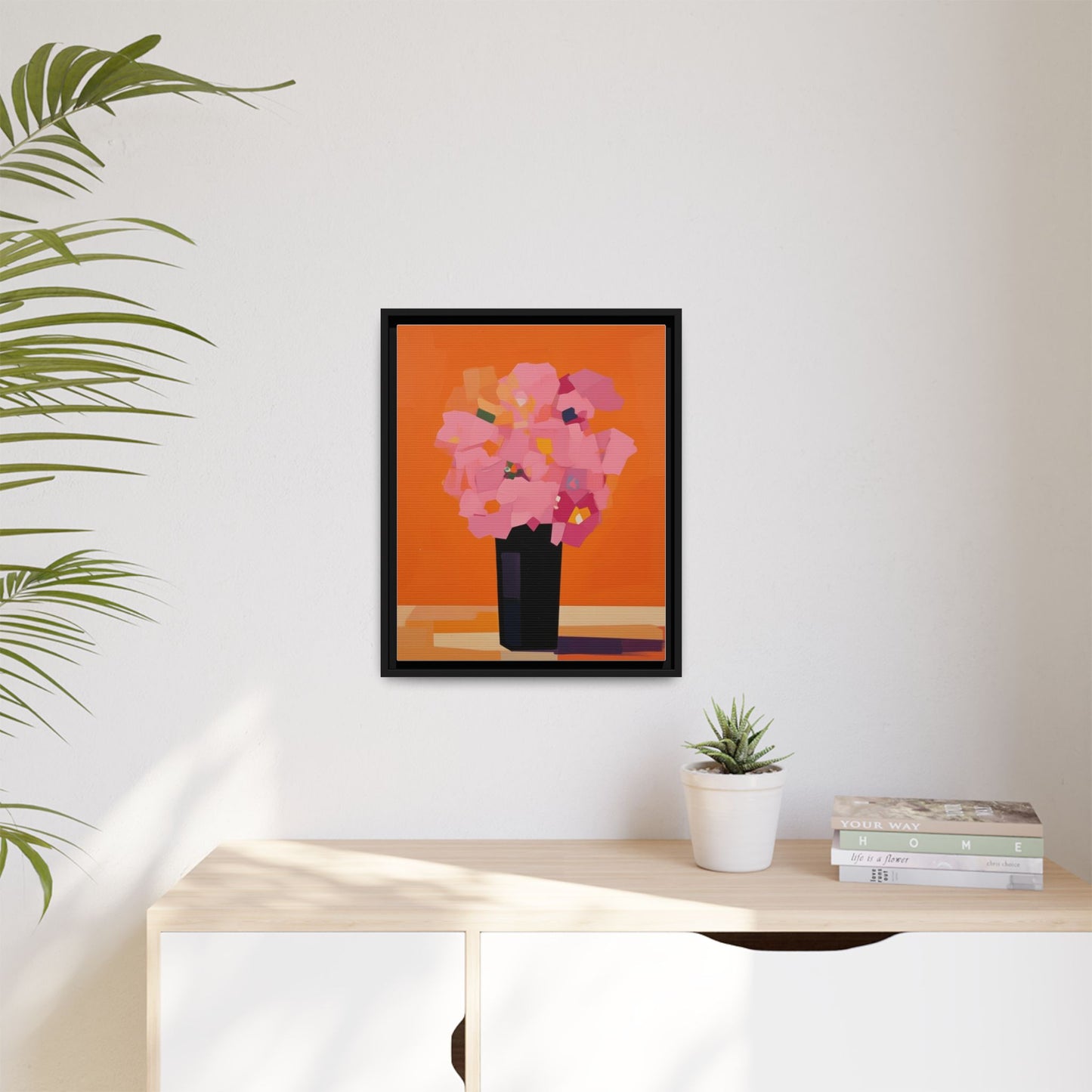 Framed Floral Canvas Art — Pink Bouquet on Orange Background