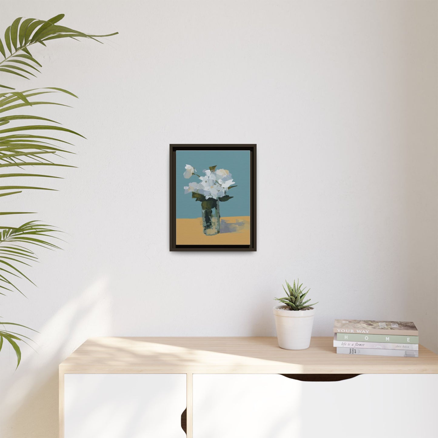 Framed Floral Still Life Canvas Art — Modern White Bouquet Wall Art