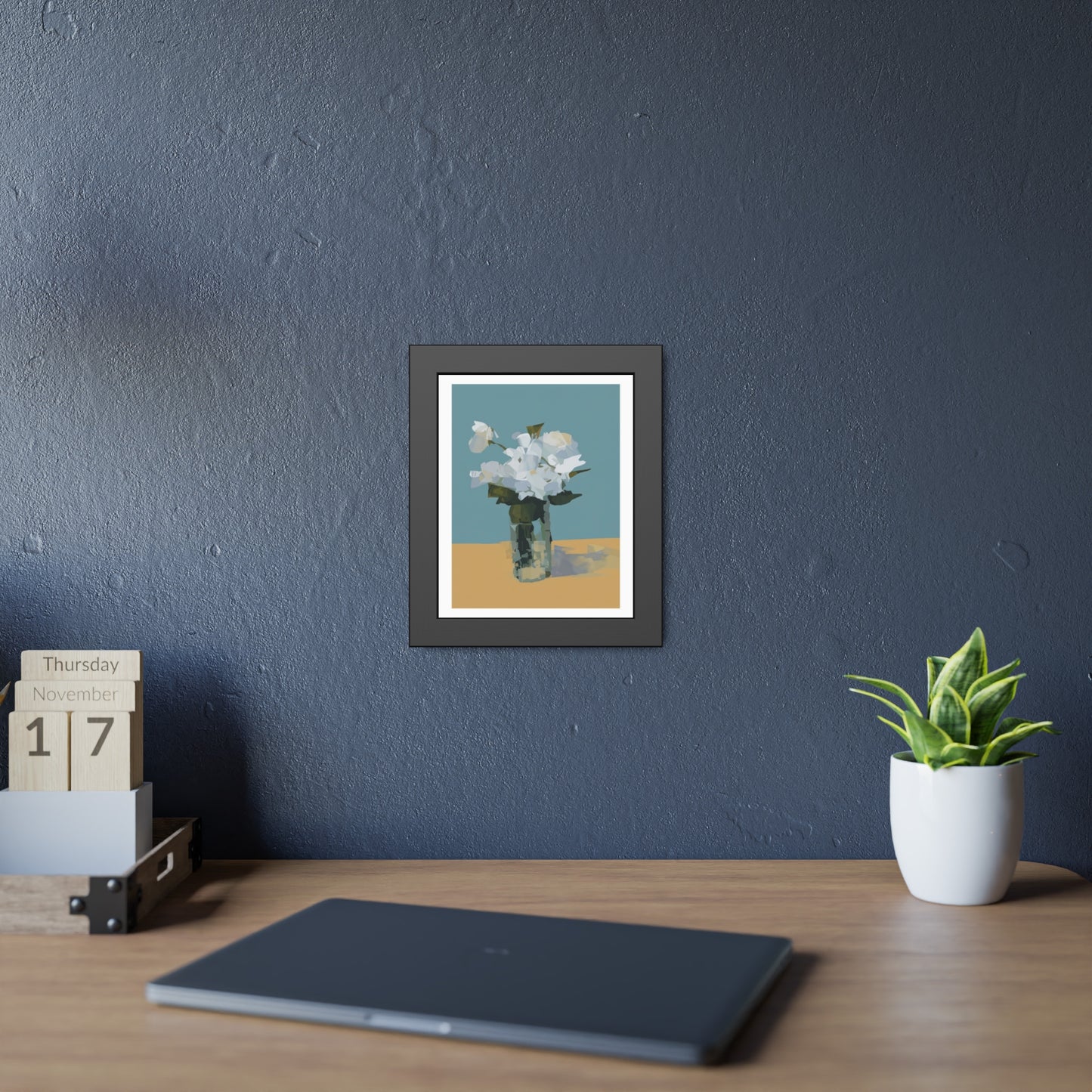 Framed Floral Poster - Modern White Blossoms in Vase Wall Art