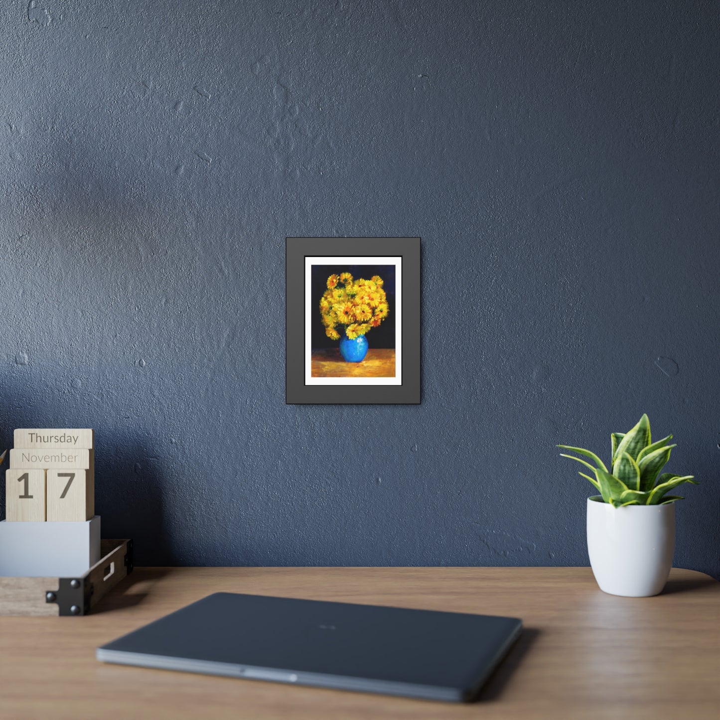 Framed Art Print — Yellow Daisy Bouquet in Blue Vase