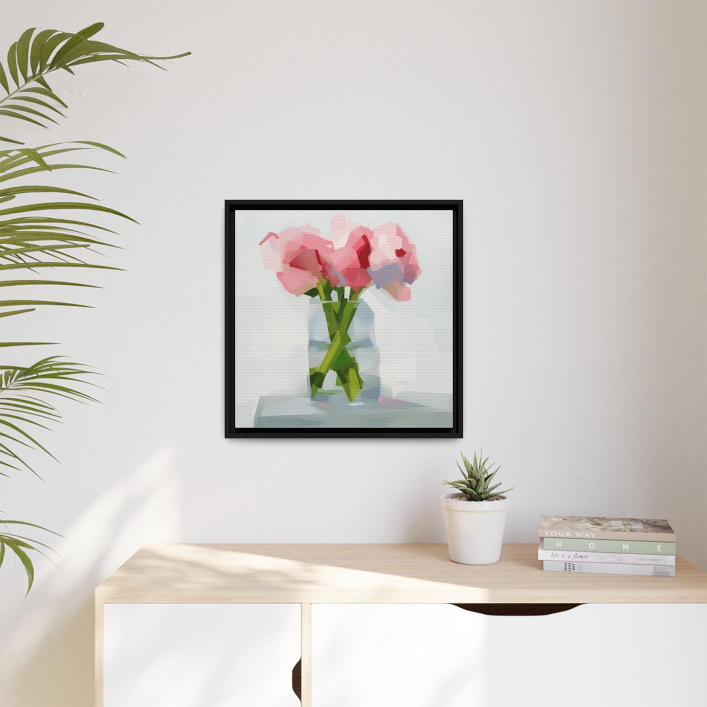 Framed Floral Canvas Art — Pink Peonies in Vase (Matte)