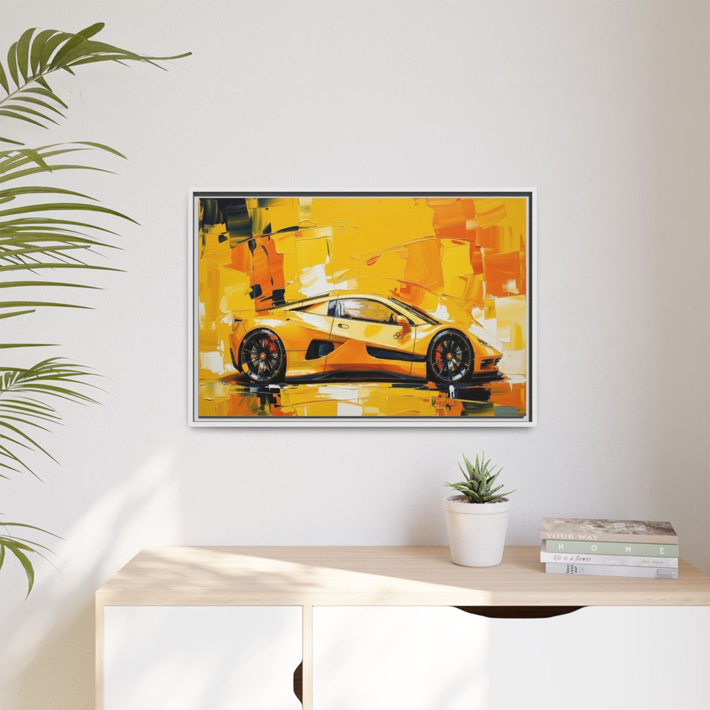Yellow Sports Car Abstract Matte Canvas Framed Print