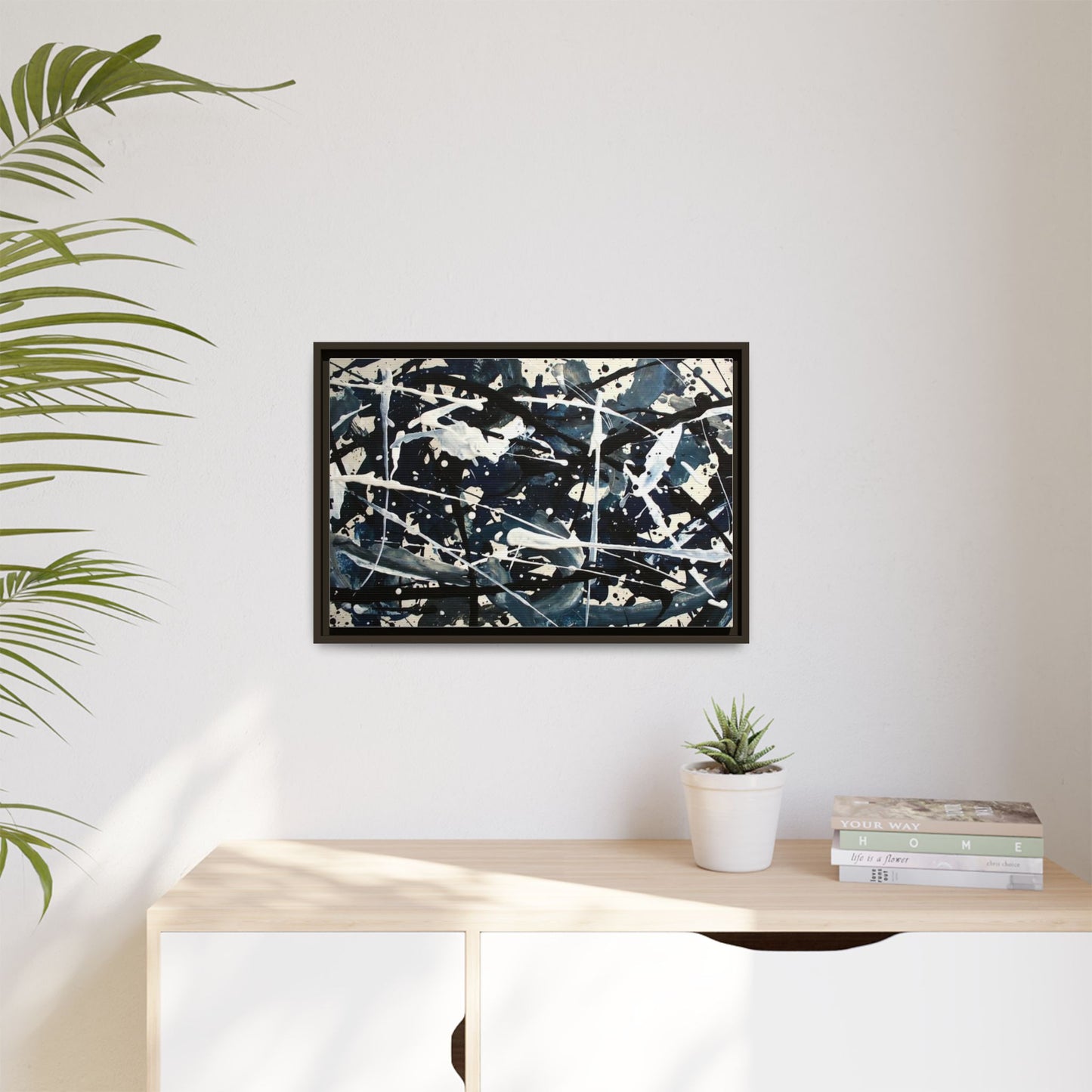Abstract Splatter Matte Canvas Framed Wall Art — Black & Blue Modern Art Print