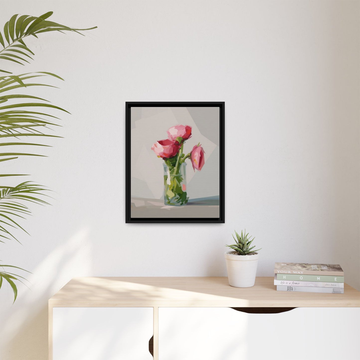 Framed Canvas Art — Pink Roses in Vase, Modern Floral Wall Print