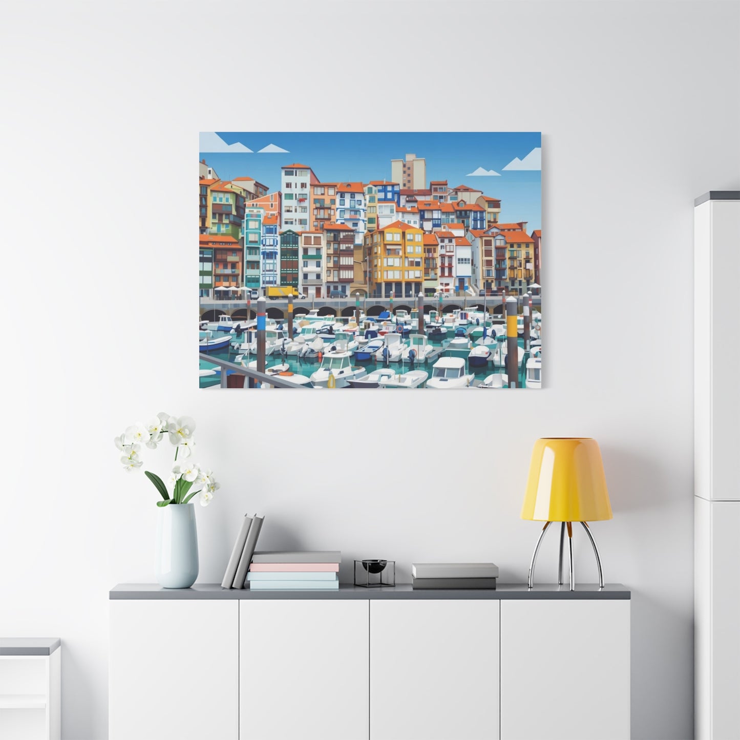 Colorful Coastal Harbor Matte Canvas Print — Stretched Wall Art