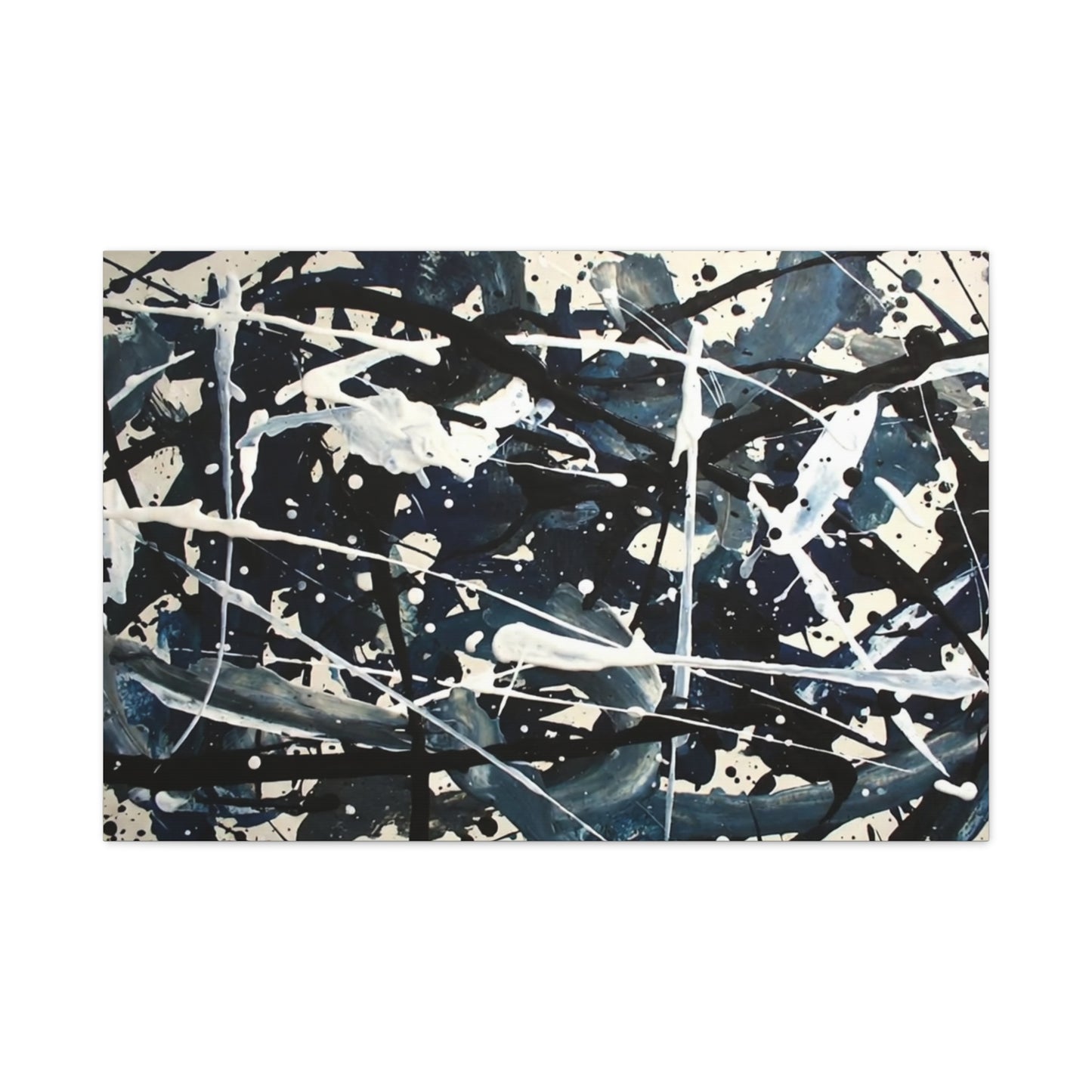 Abstract Drip Painting Canvas Print — Blue & Black Modern Wall Art (Matte Stretched)