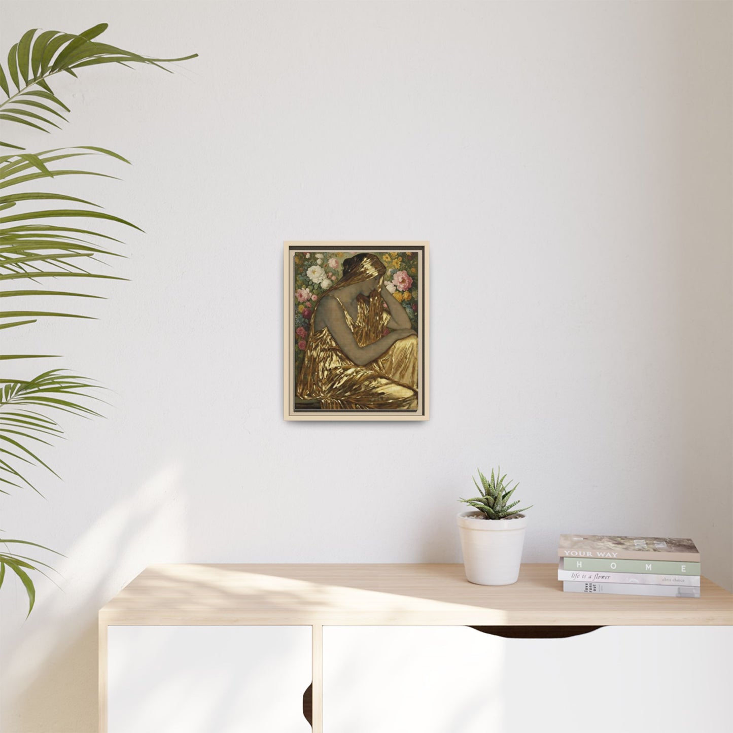Framed Canvas Art Print — Golden Muse Woman with Floral Background