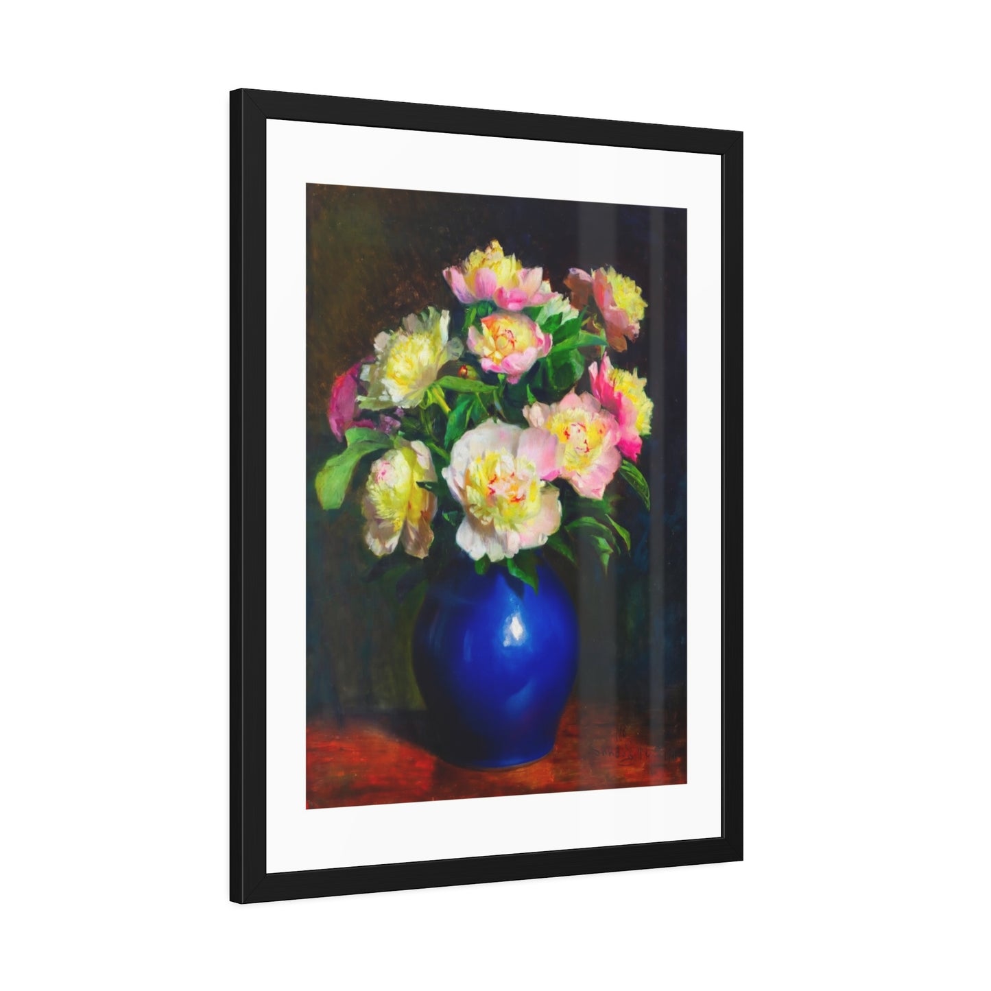 Framed Floral Poster — Pink Peonies in Blue Vase Wall Art