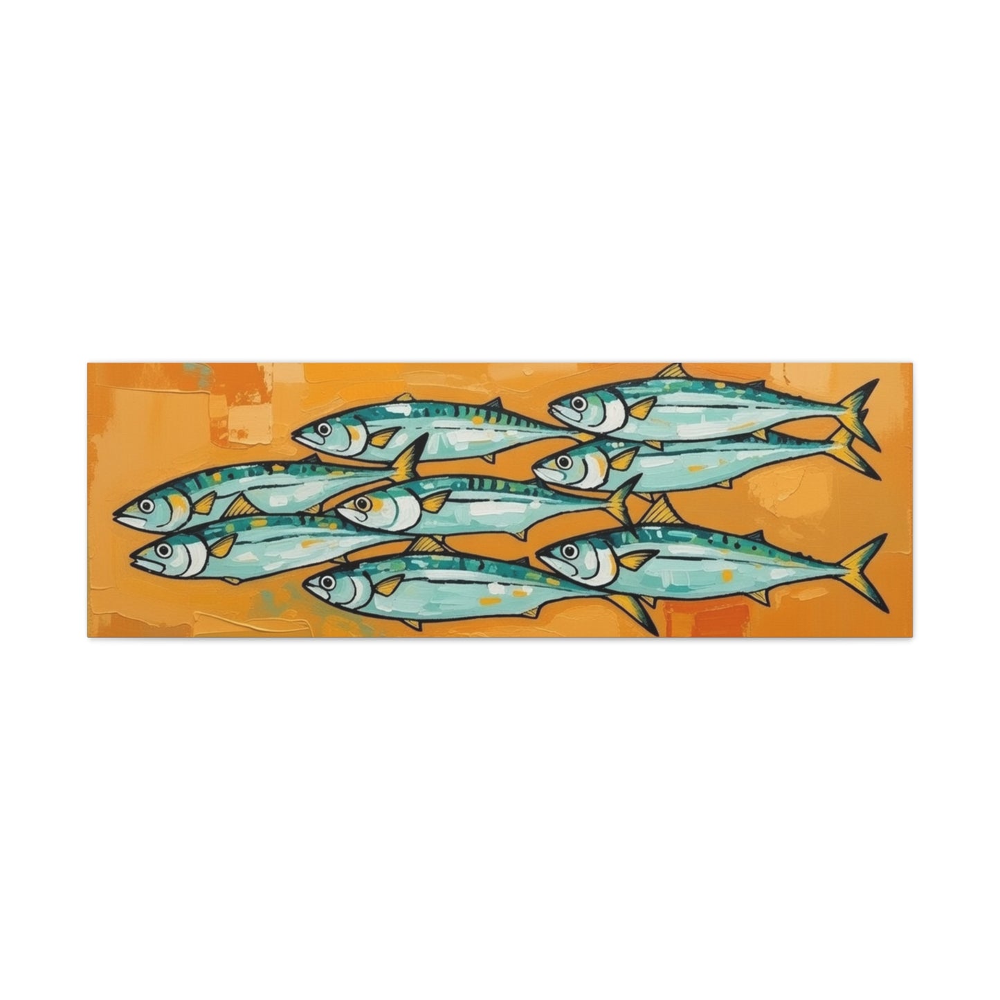 School of Mackerel Canvas Wall Art — Nautical Fish Painting on Orange Background