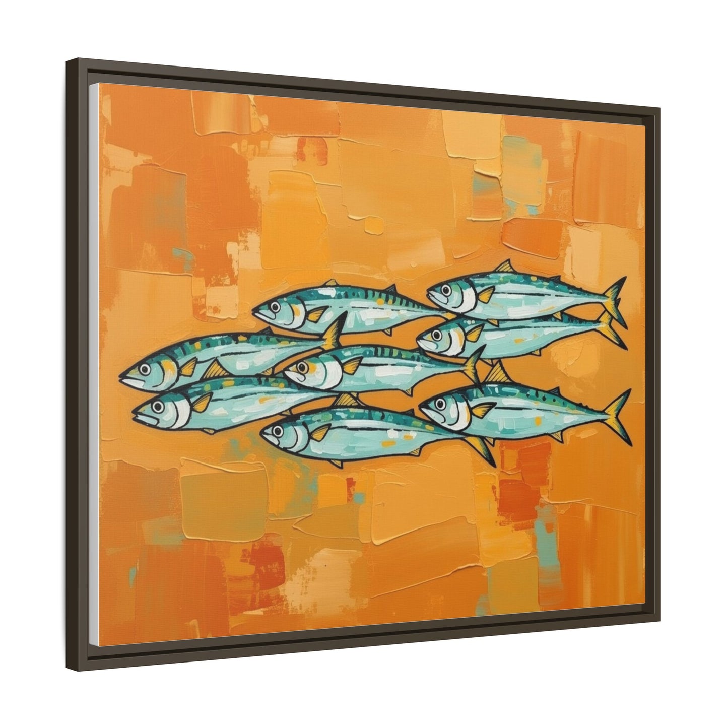 Framed Matte Canvas Print — School of Blue Fish on Orange Abstract Background