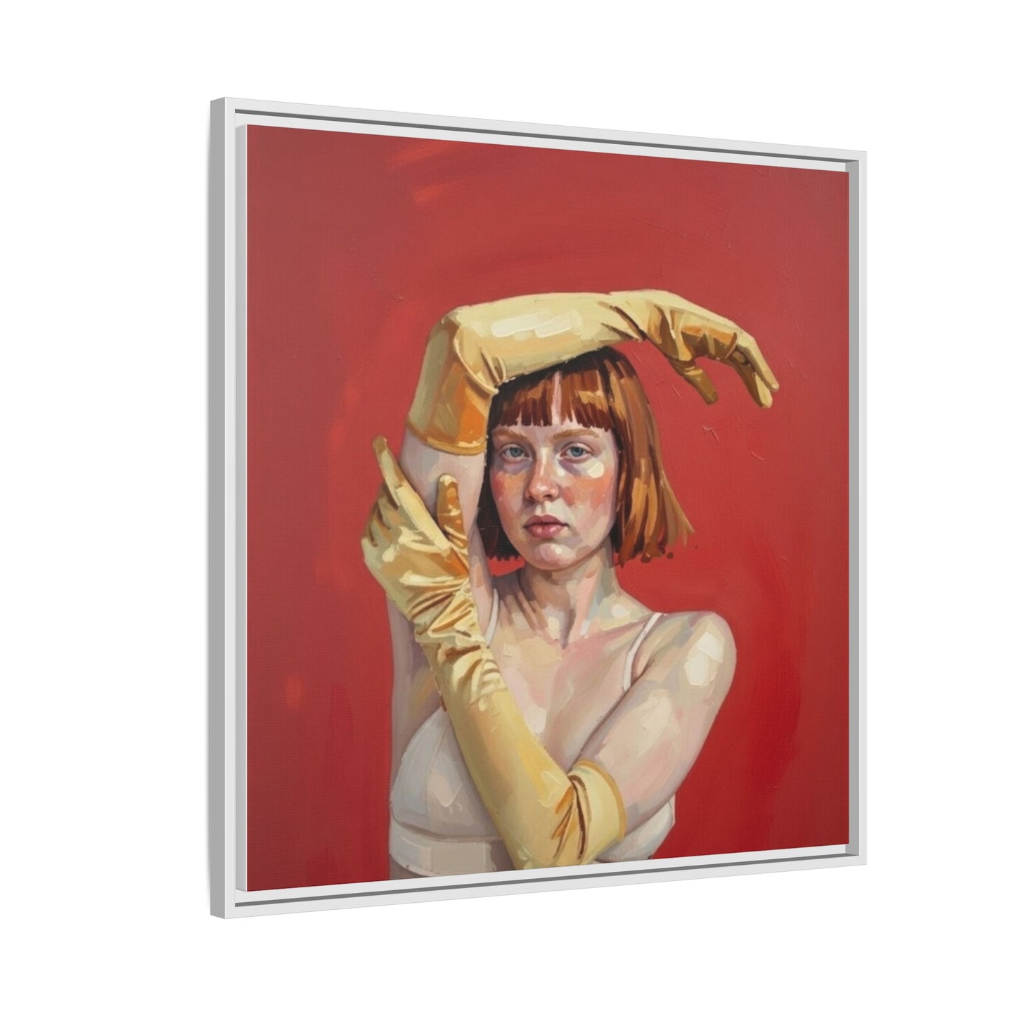 Framed Matte Canvas Art - Portrait of Woman in Yellow Gloves (Red Background)