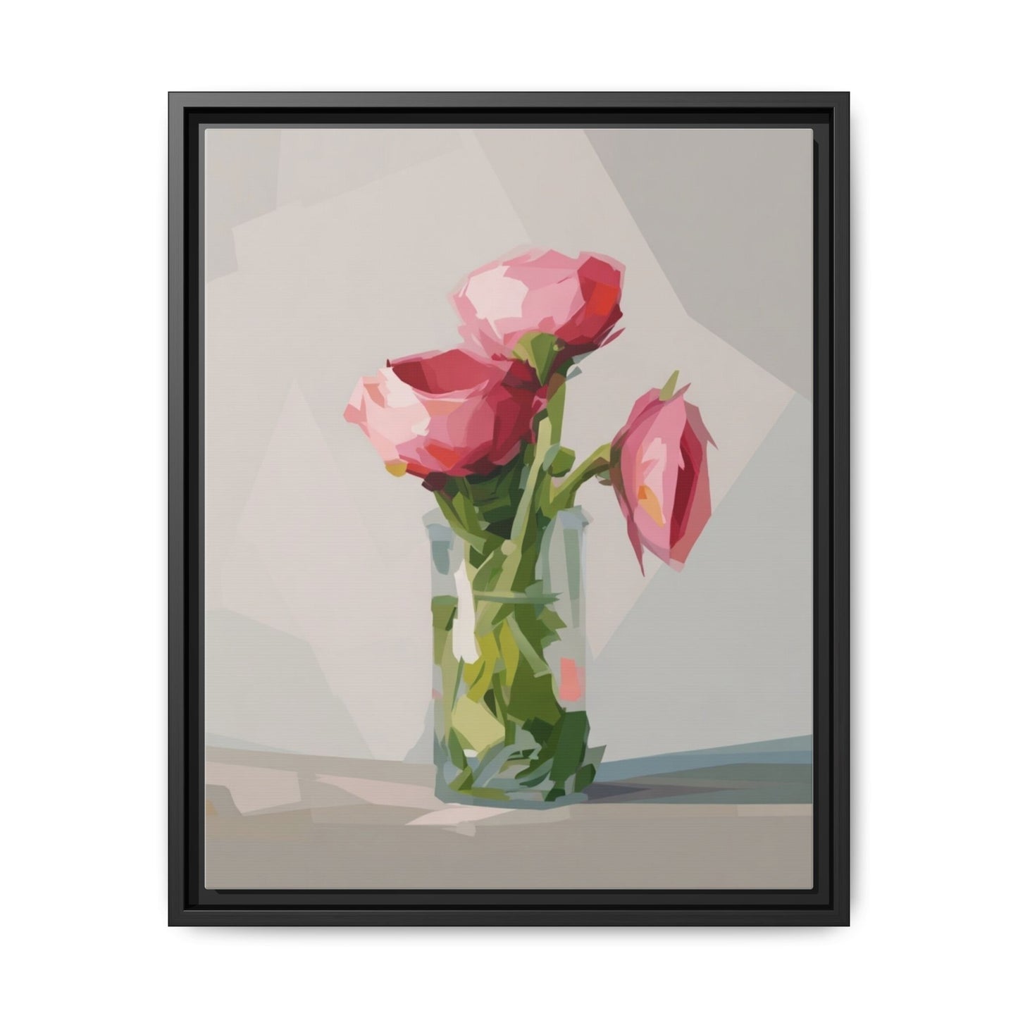 Framed Canvas Art — Pink Roses in Vase, Modern Floral Wall Print