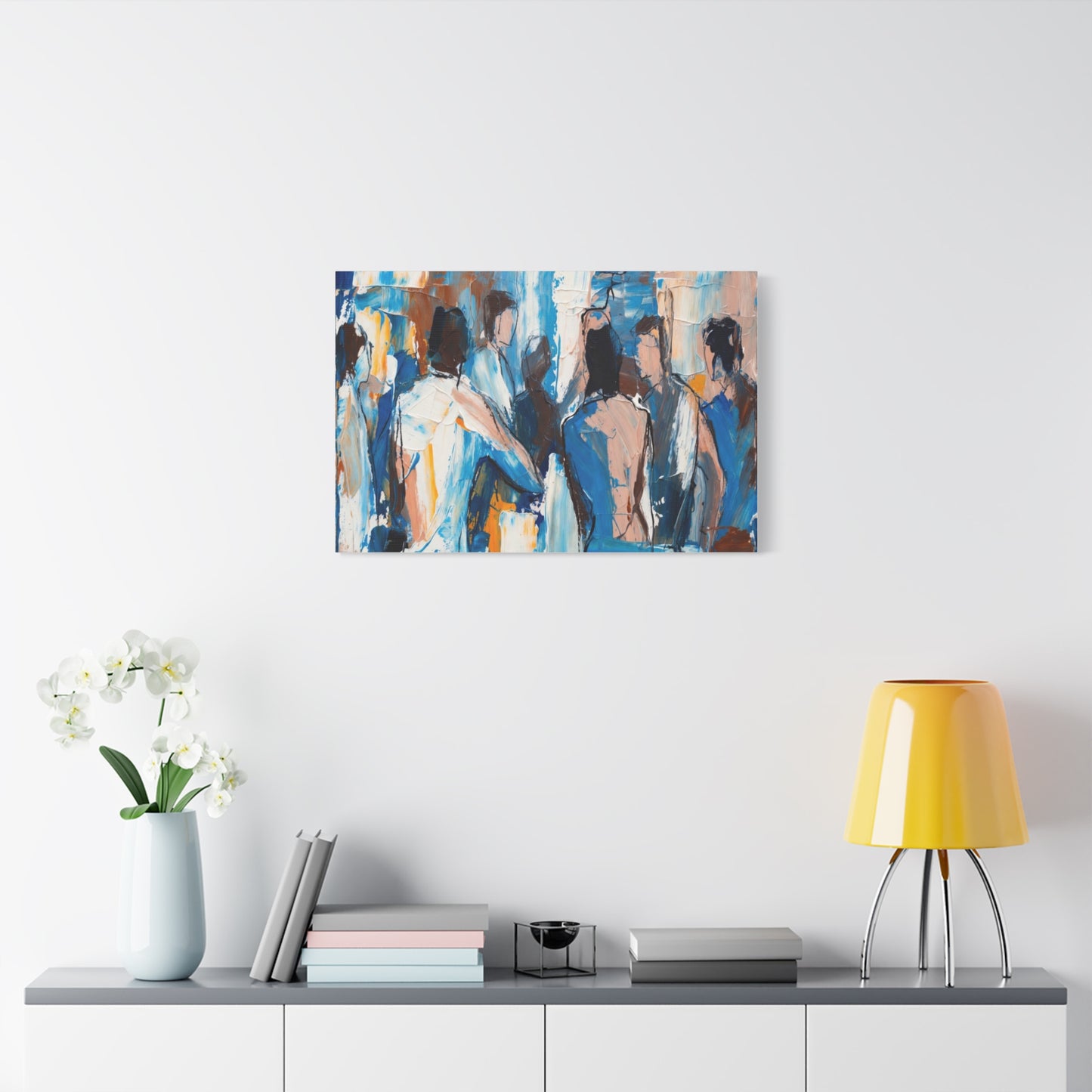 Abstract Figurative Canvas Art — Blue Social Scene Matte Stretched Canvas