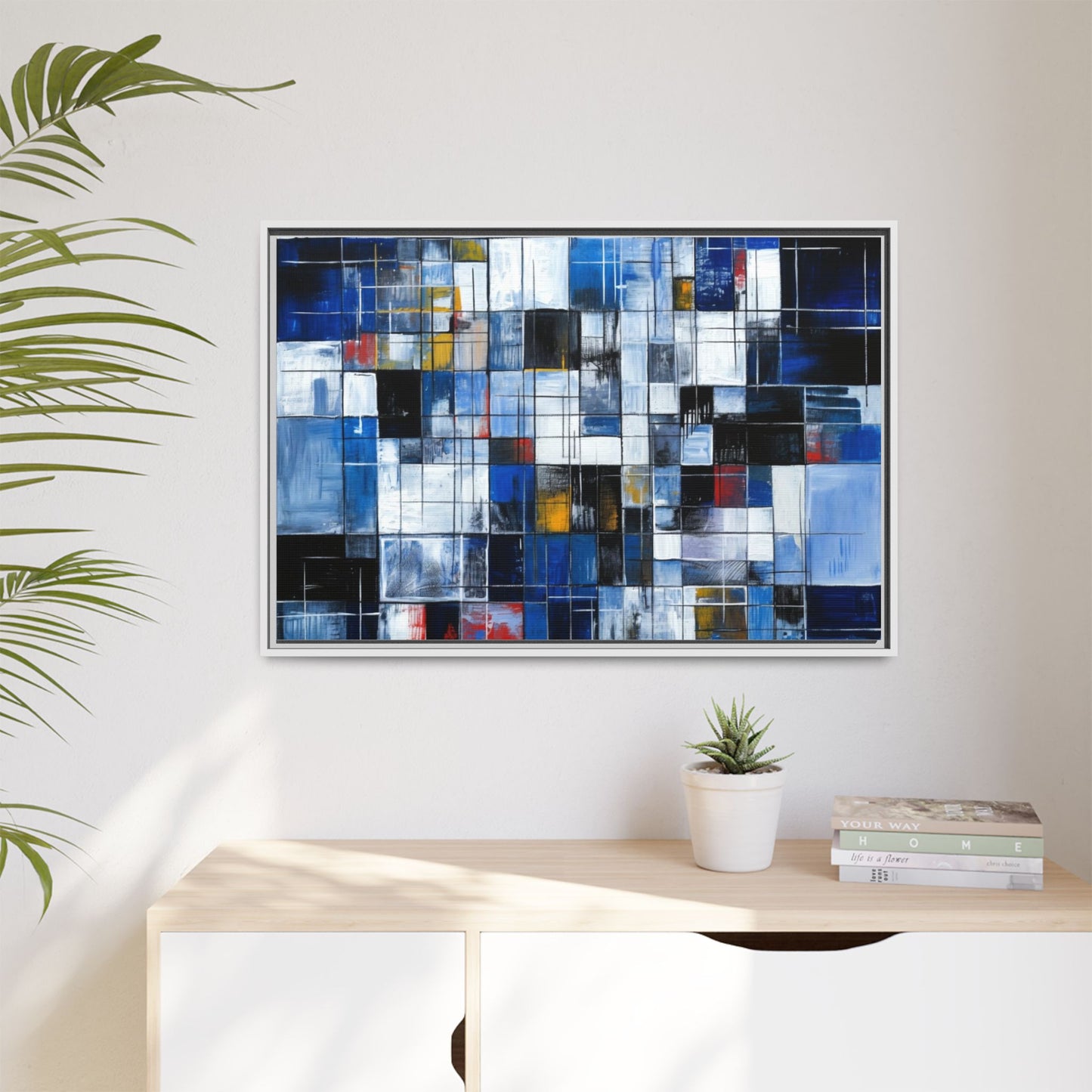 Abstract Blue Grid Matte Canvas Framed Art Print