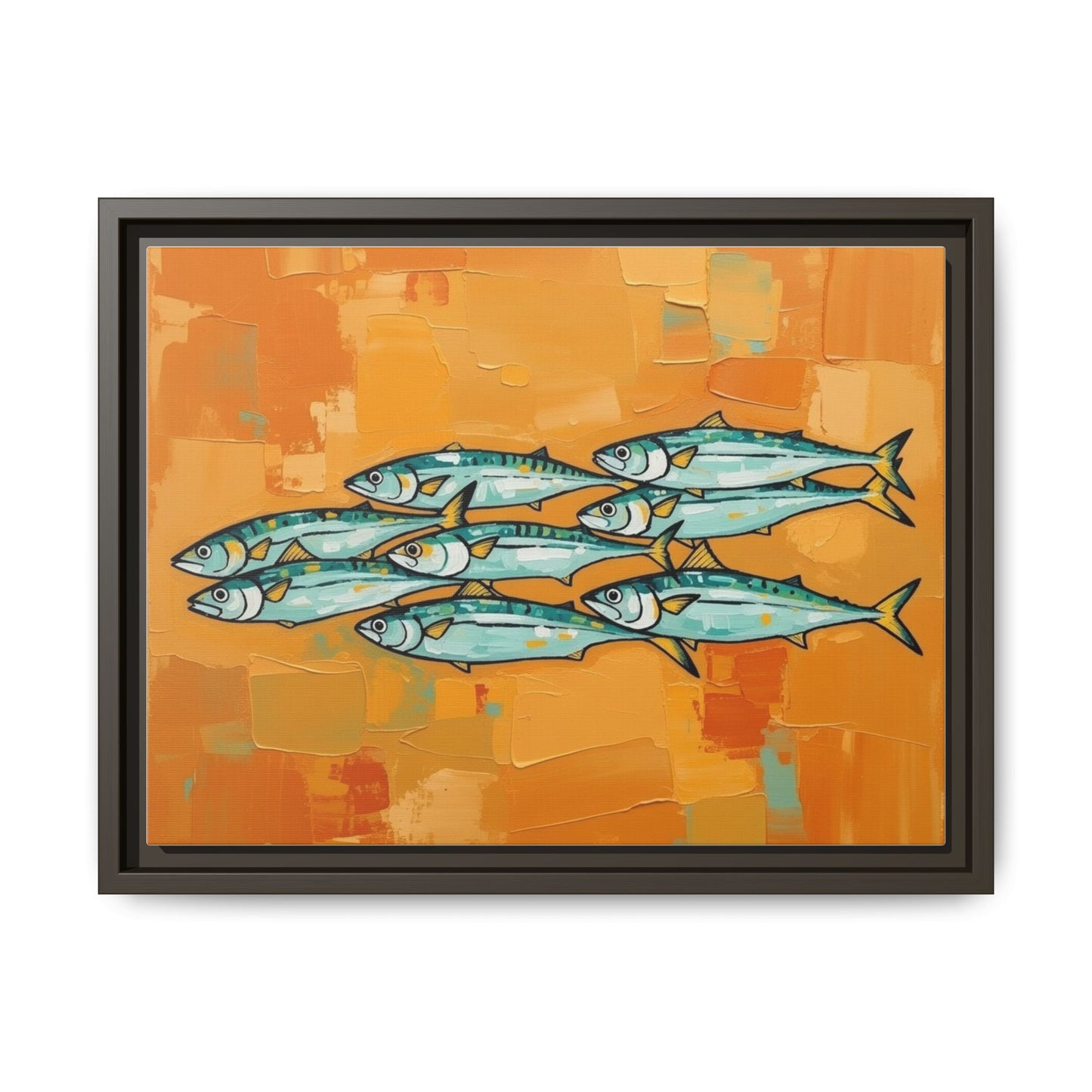 Framed Matte Canvas Print — School of Blue Fish on Orange Abstract Background