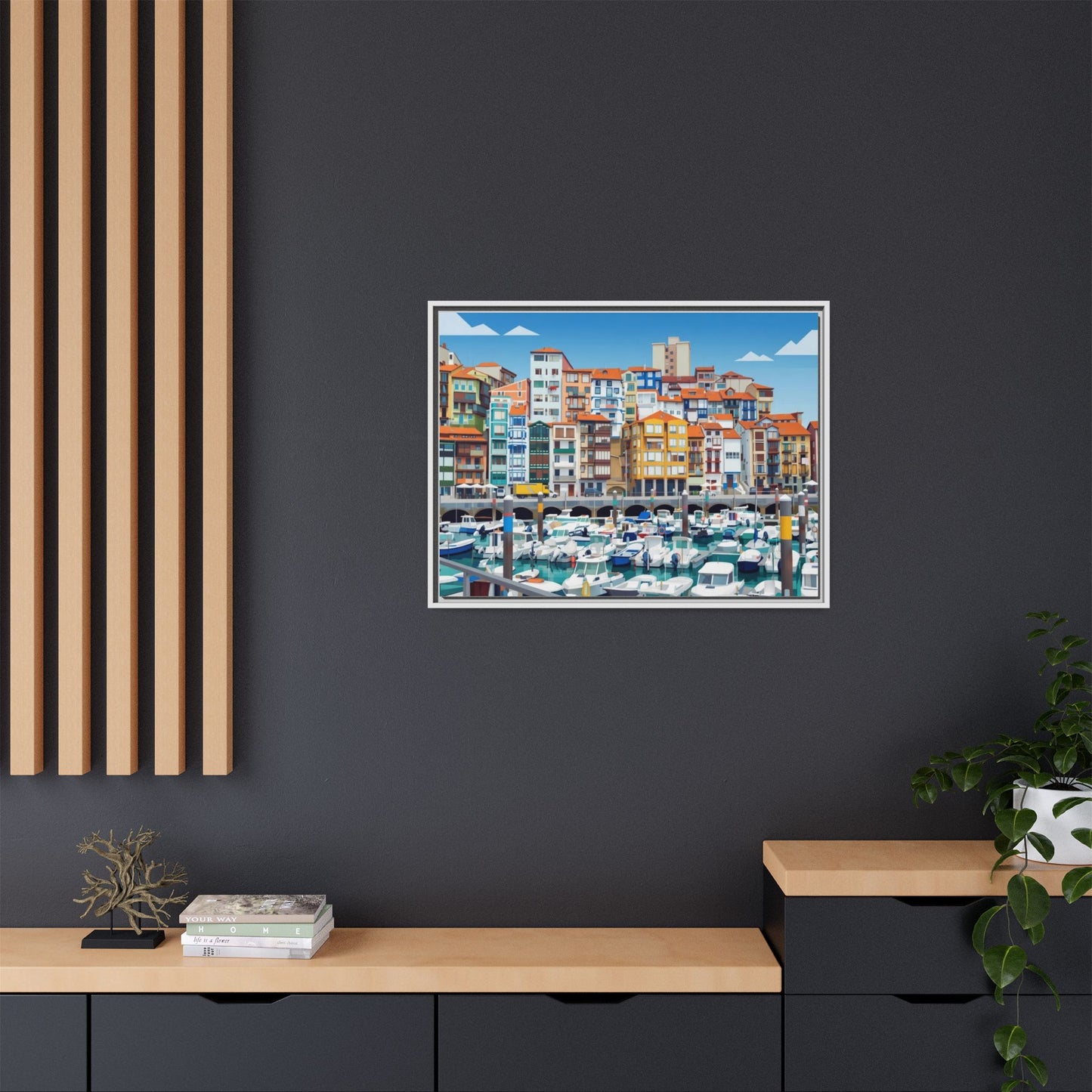 Framed Matte Canvas Print — Colorful Mediterranean Harbor Illustration