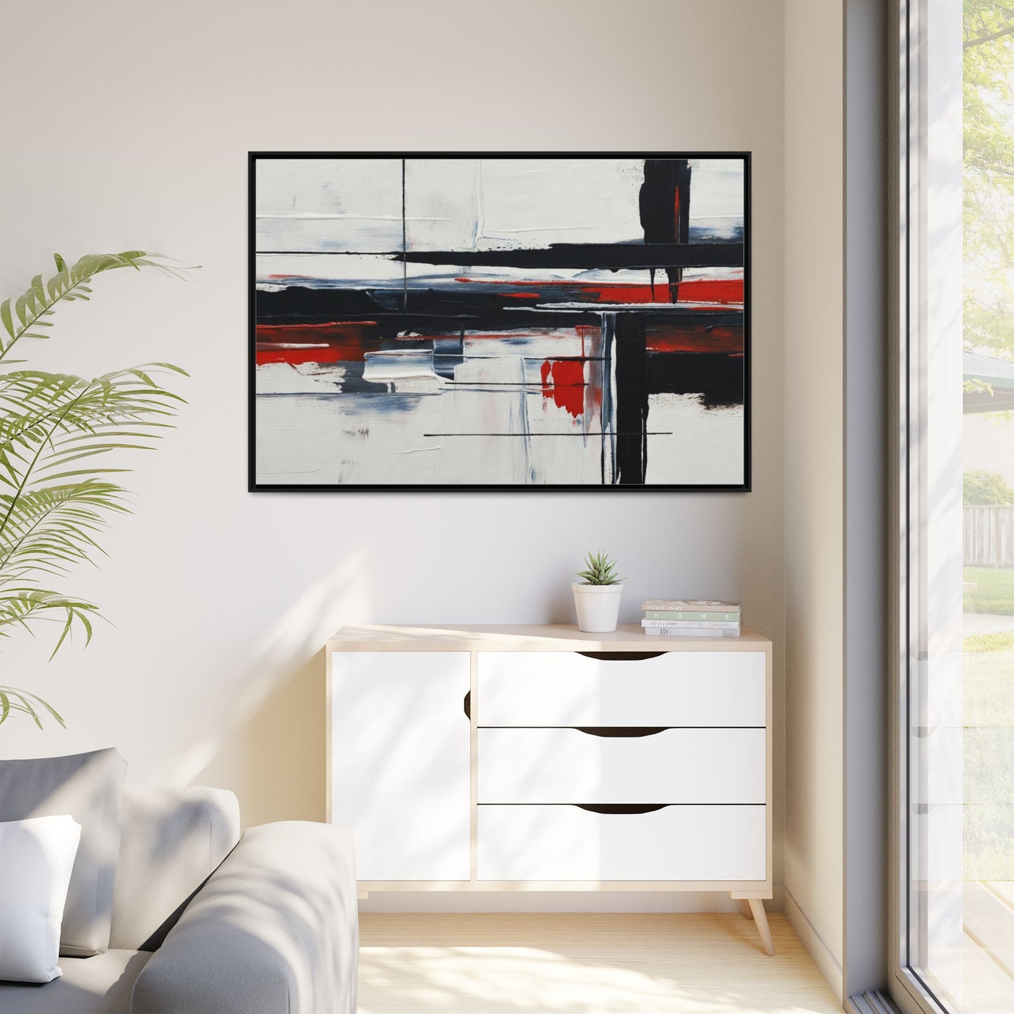 Abstract Red & Black Framed Canvas Art — Modern Matte Wall Painting