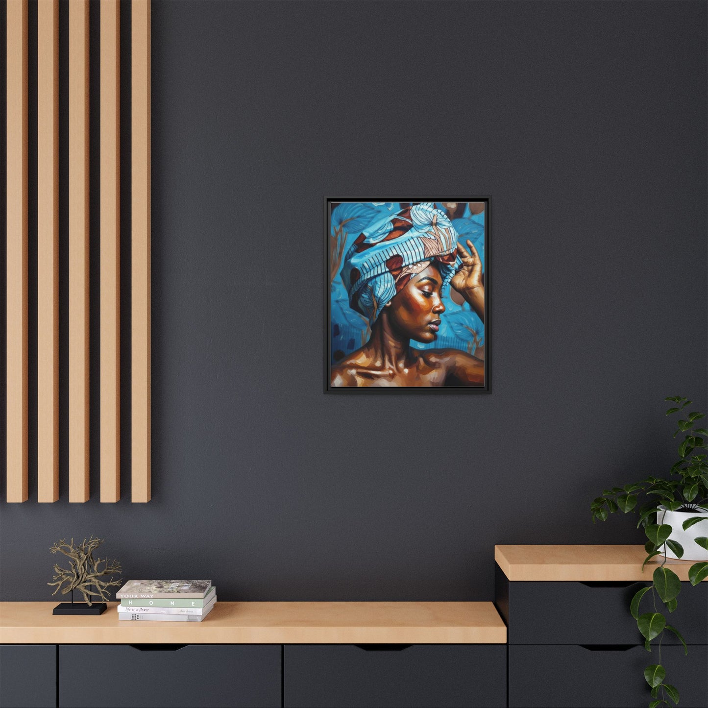 Framed Canvas Art — Portrait of Woman in Blue Headwrap