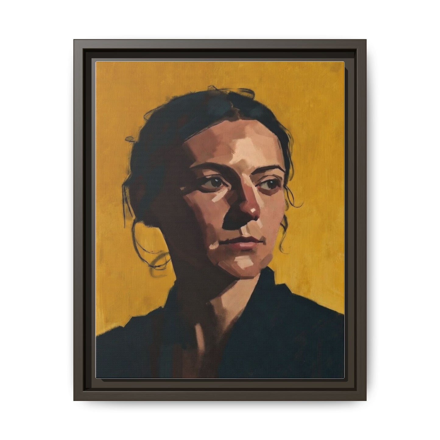 Framed Matte Canvas Portrait Art — Moody Woman on Mustard Background