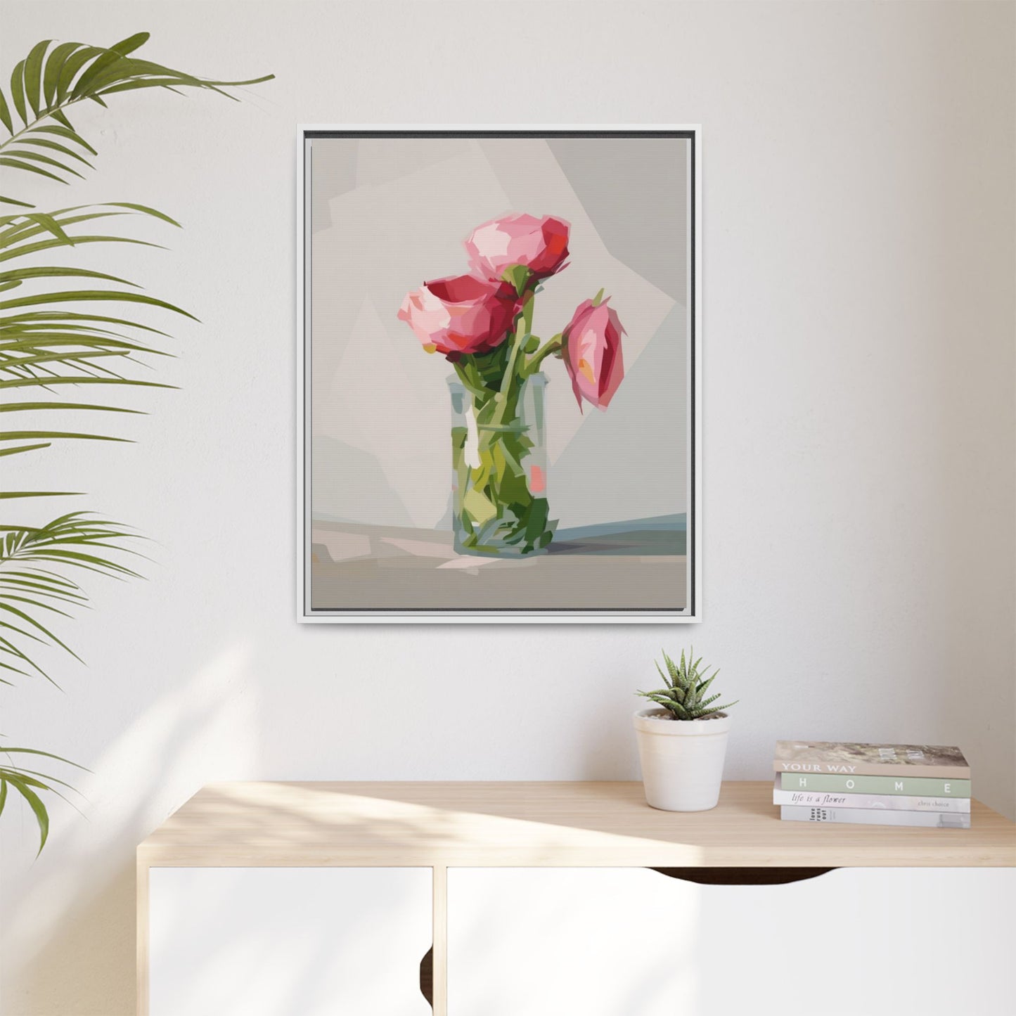 Framed Canvas Art — Pink Roses in Vase, Modern Floral Wall Print