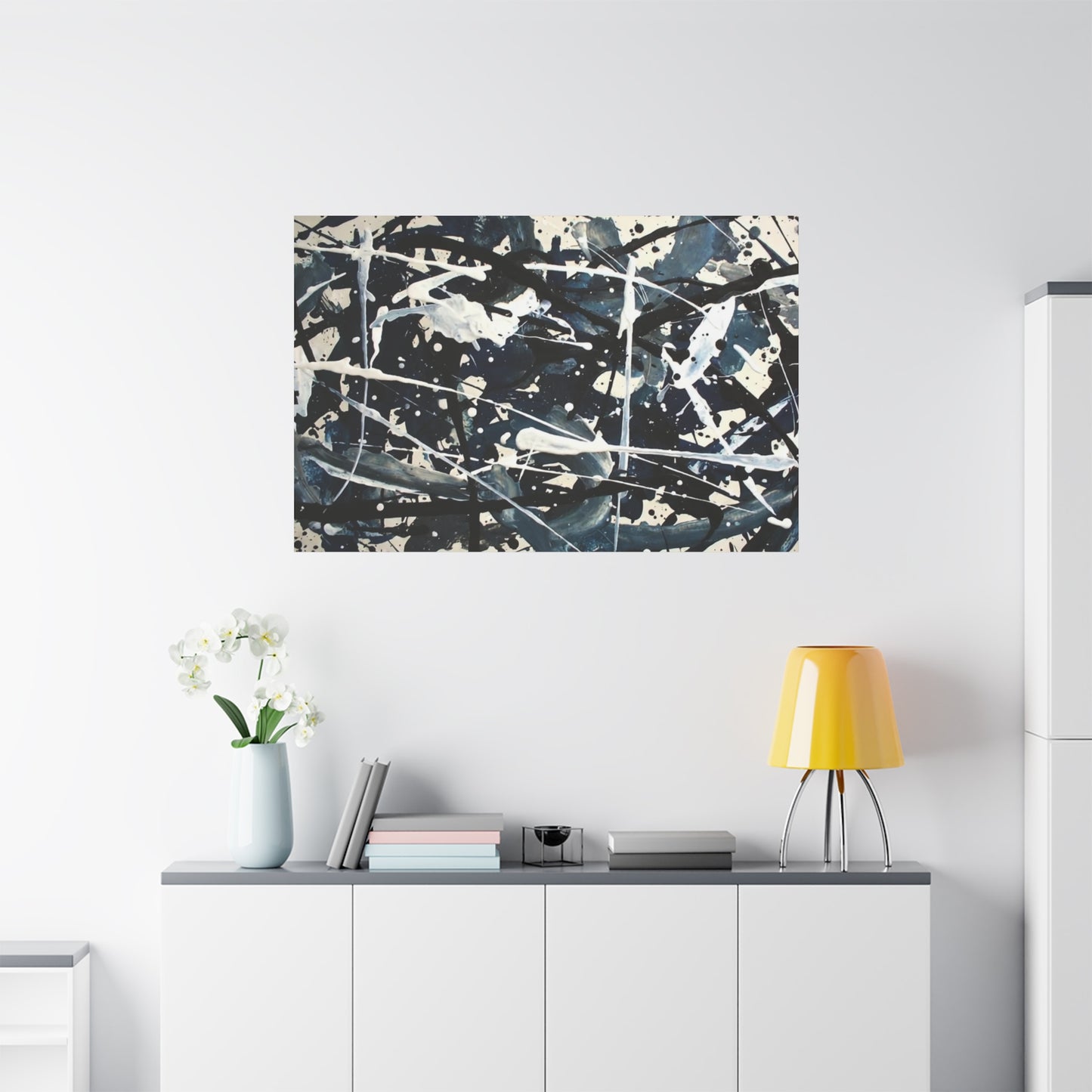 Abstract Drip Painting Canvas Print — Blue & Black Modern Wall Art (Matte Stretched)