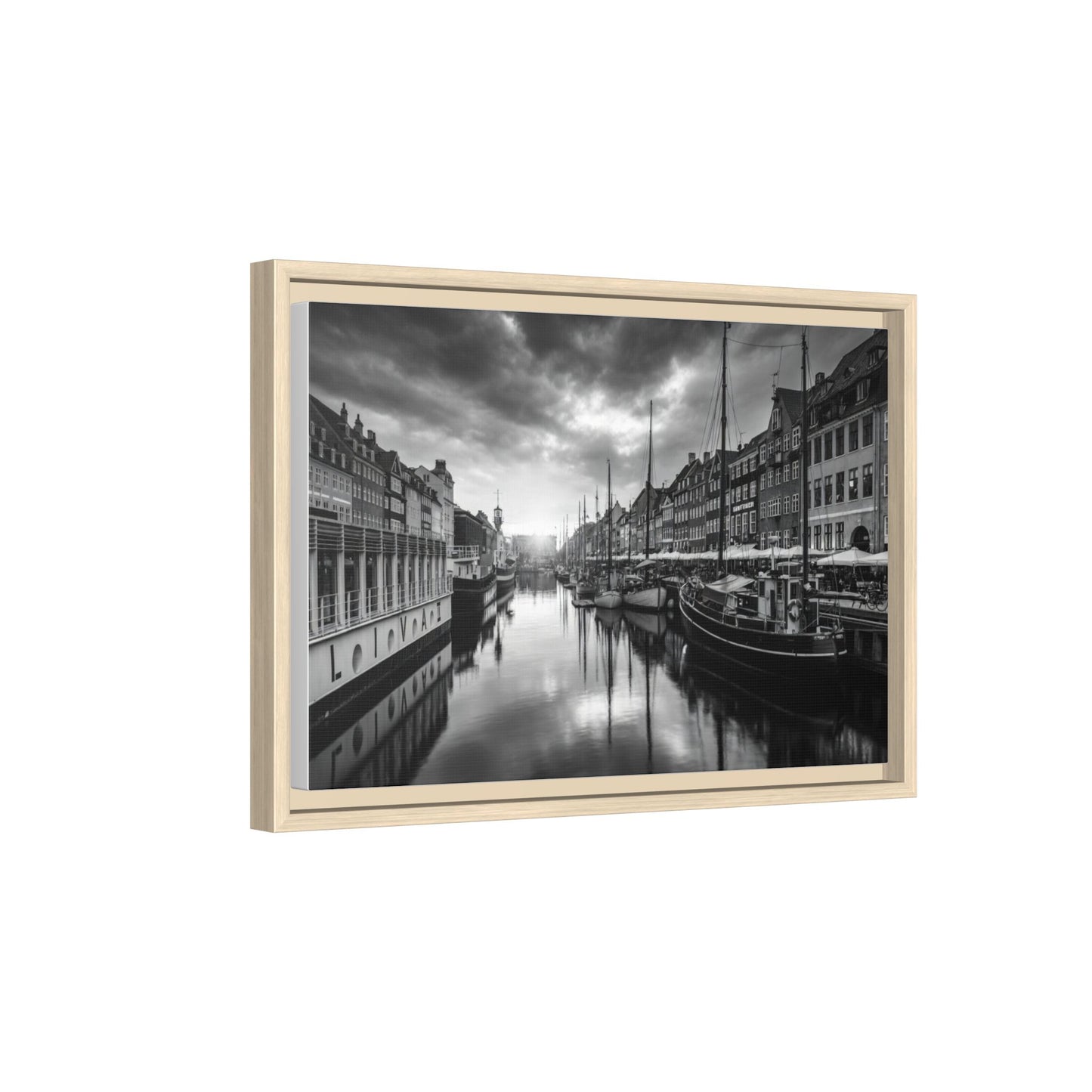 Framed Matte Canvas: Black & White Dutch Canal Photography Wall Art
