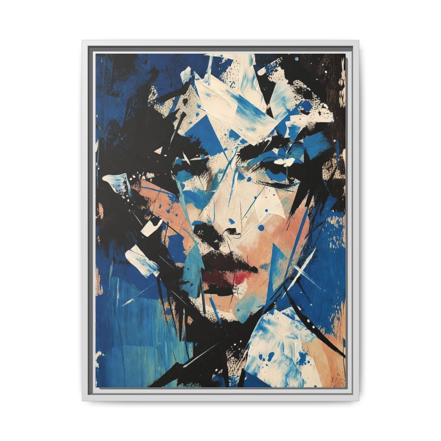 Abstract Portrait Matte Canvas Framed Wall Art — Blue Mixed-Media Face Print