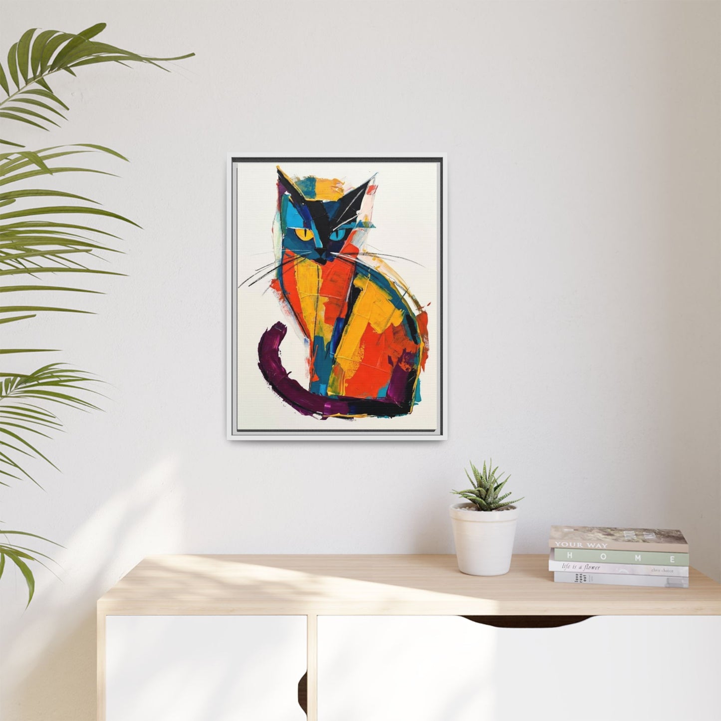 Colorful Abstract Cat Framed Canvas — Modern Matte Wall Art