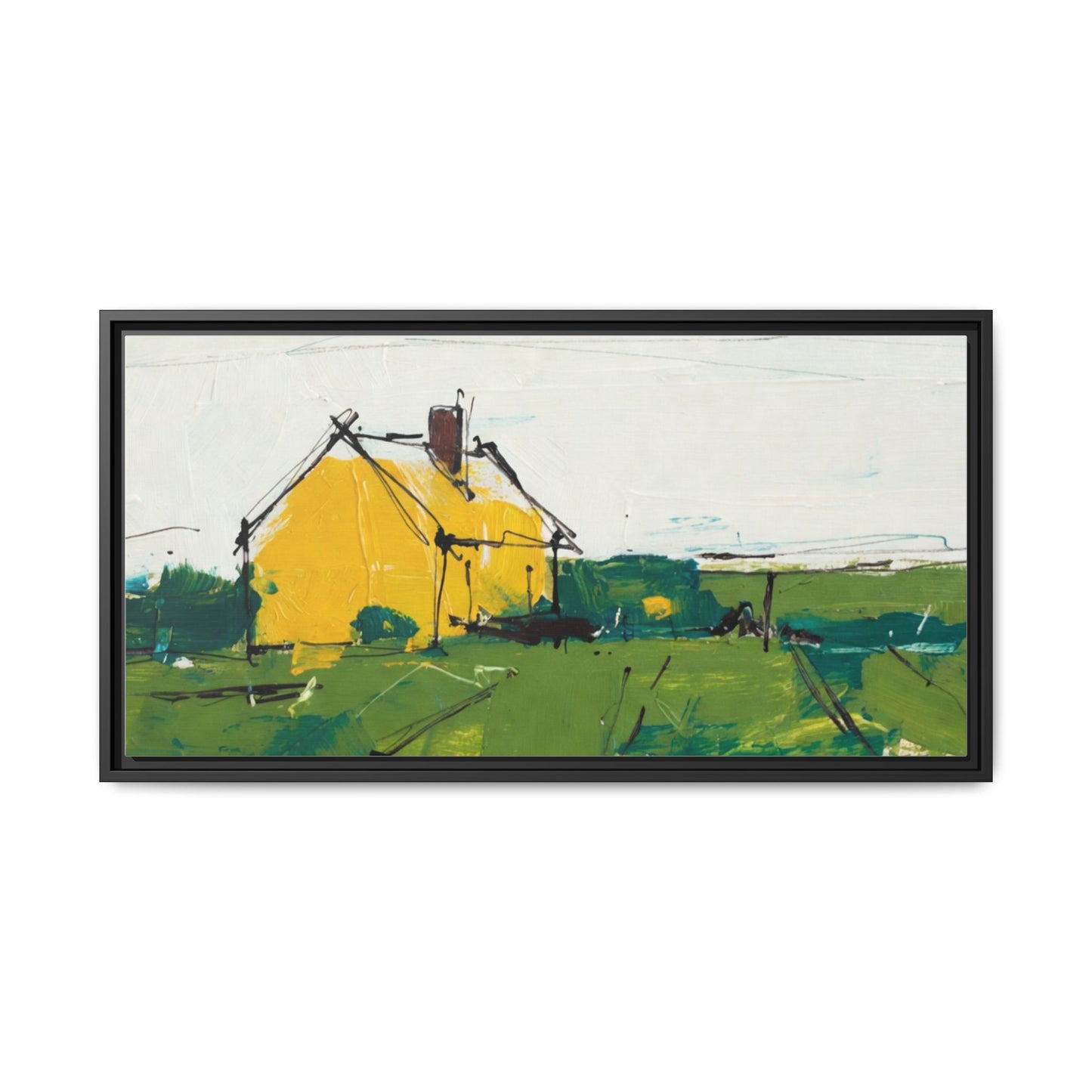 Yellow Cottage Landscape Framed Canvas Print