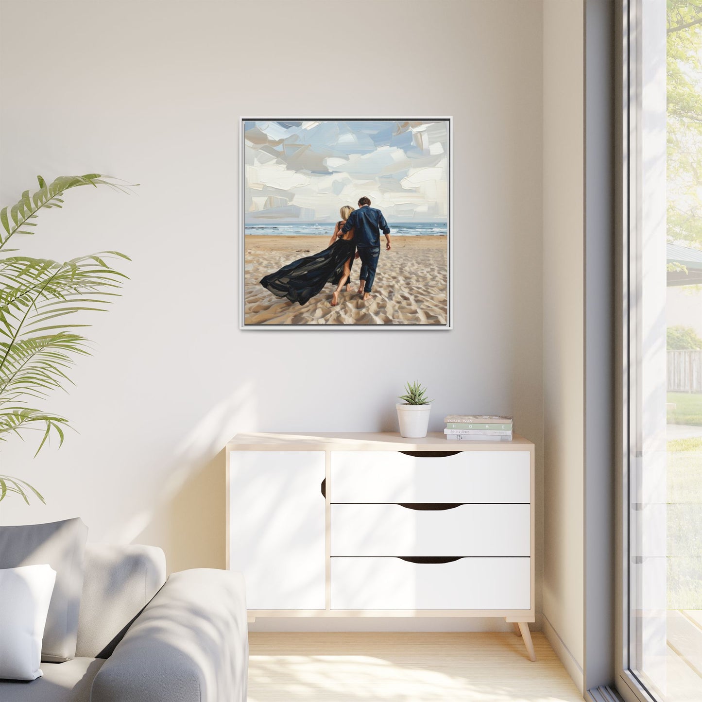 Framed Canvas Wall Art — Romantic Couple Walking on Beach Print