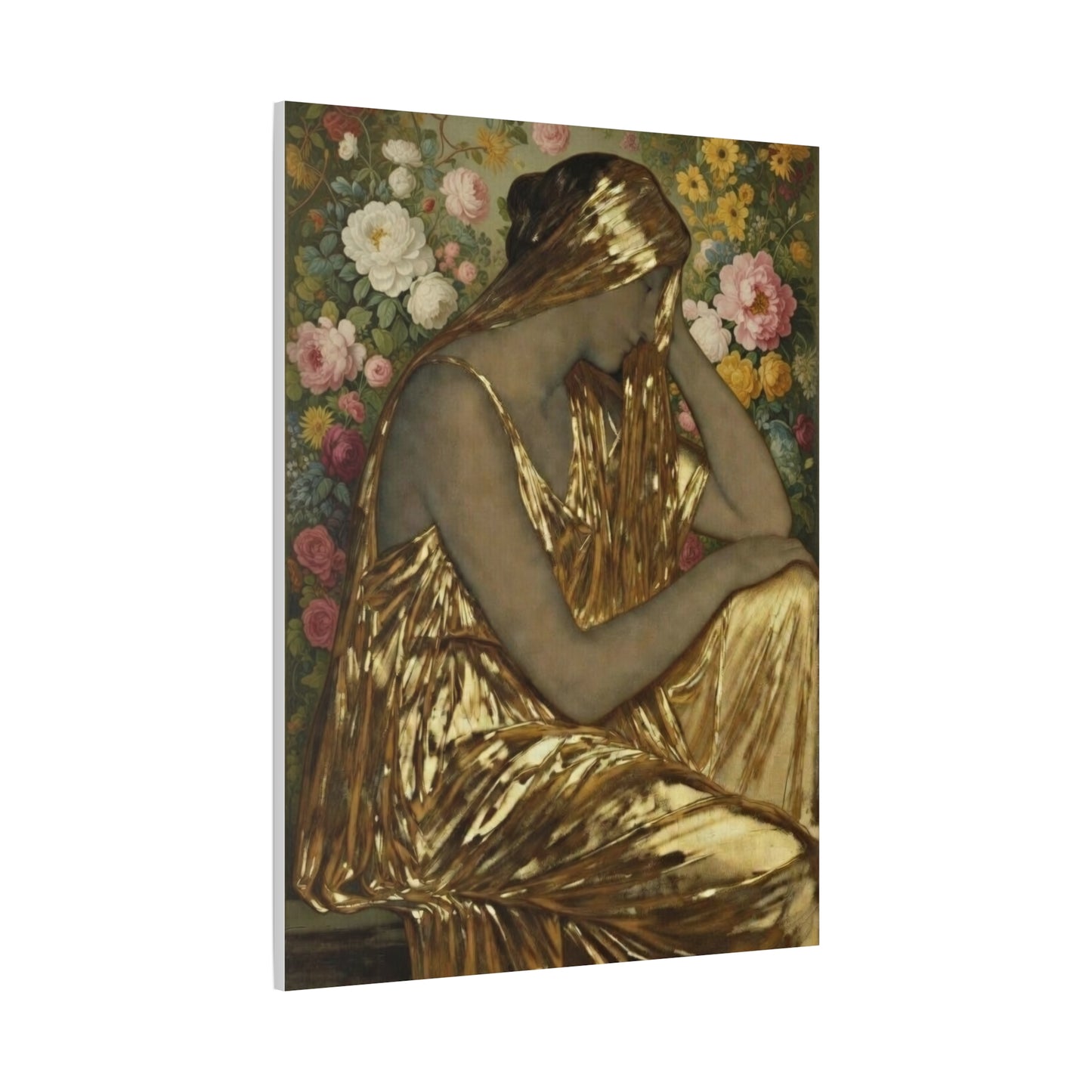 Golden Muse Canvas Print — Woman in Gold Floral Art (Stretched Matte)