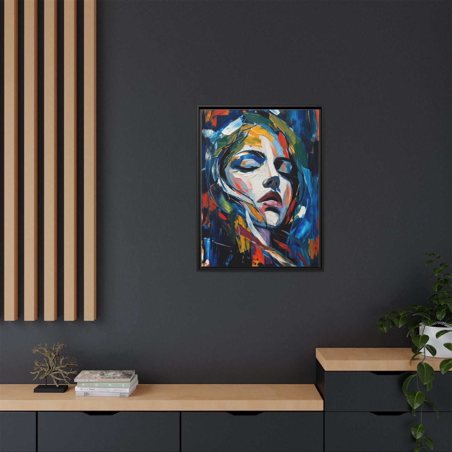 Abstract Colorful Woman Portrait — Framed Matte Canvas Wall Art