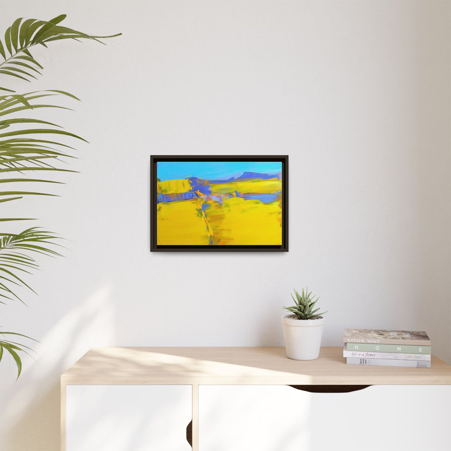 Framed Matte Canvas  Vibrant Yellow Blue Abstract Landscape Art