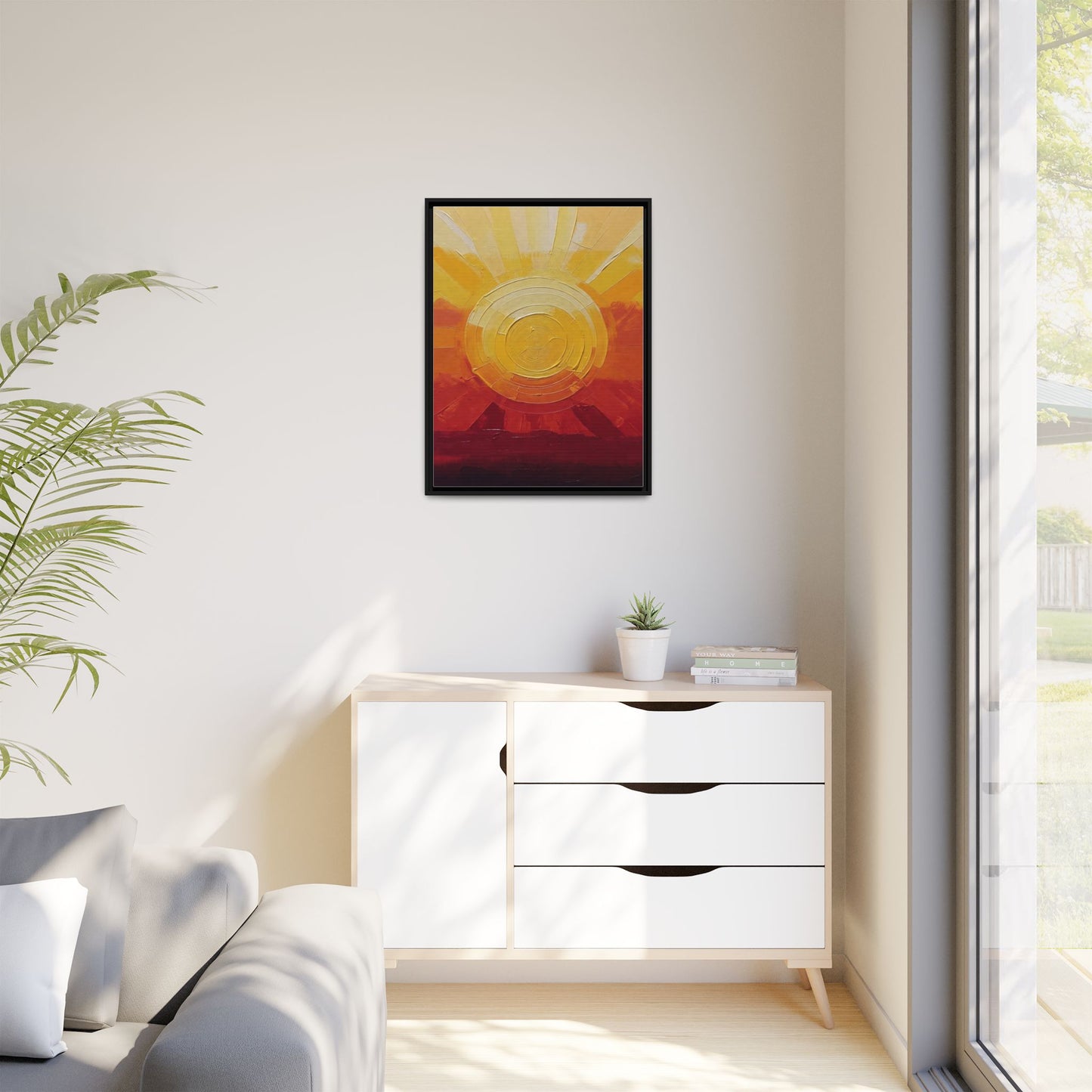 Sunburst Abstract Framed Canvas Art — Matte Multi‑Color Wall Print