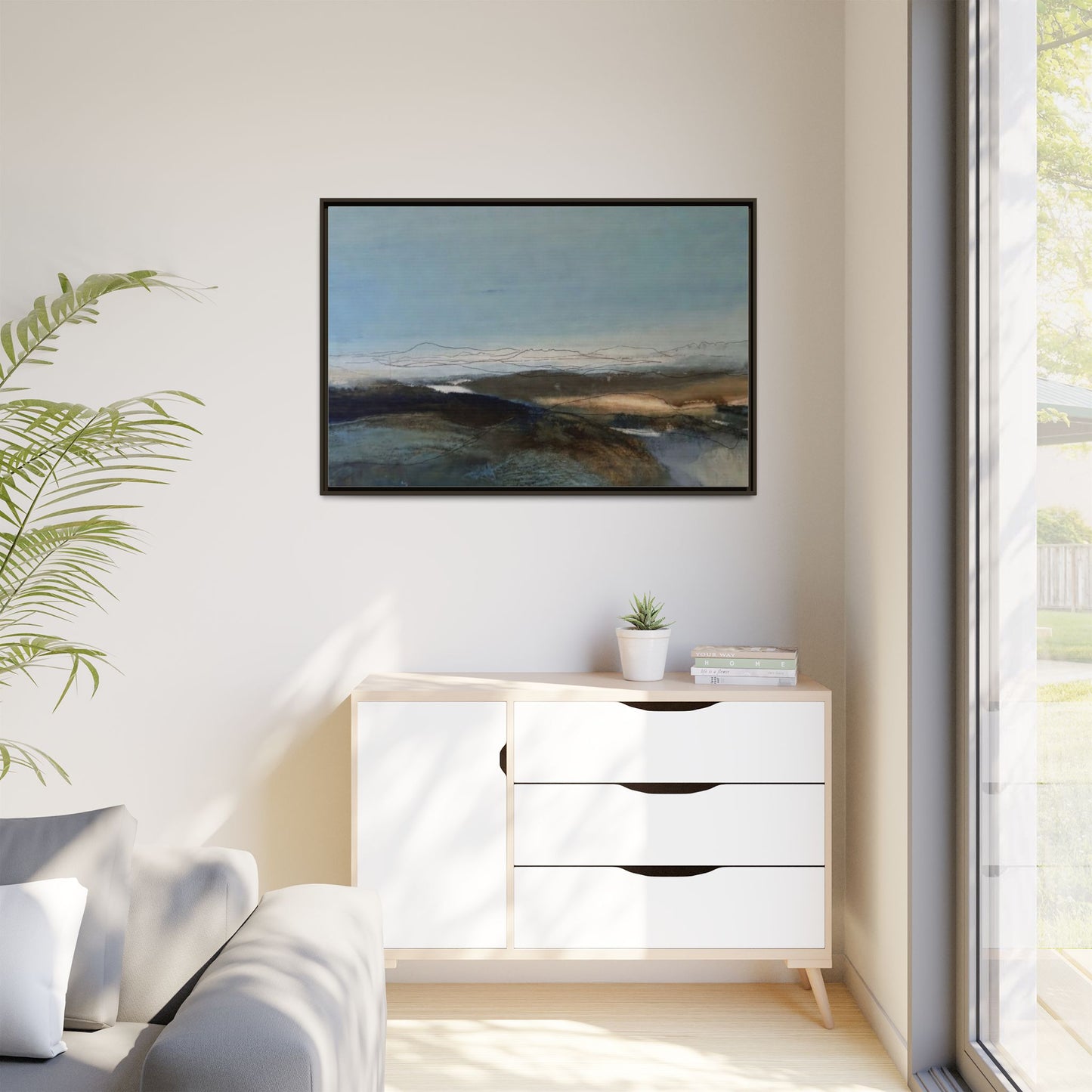 Framed Matte Canvas Wall Art — Serene Abstract Blue Landscape