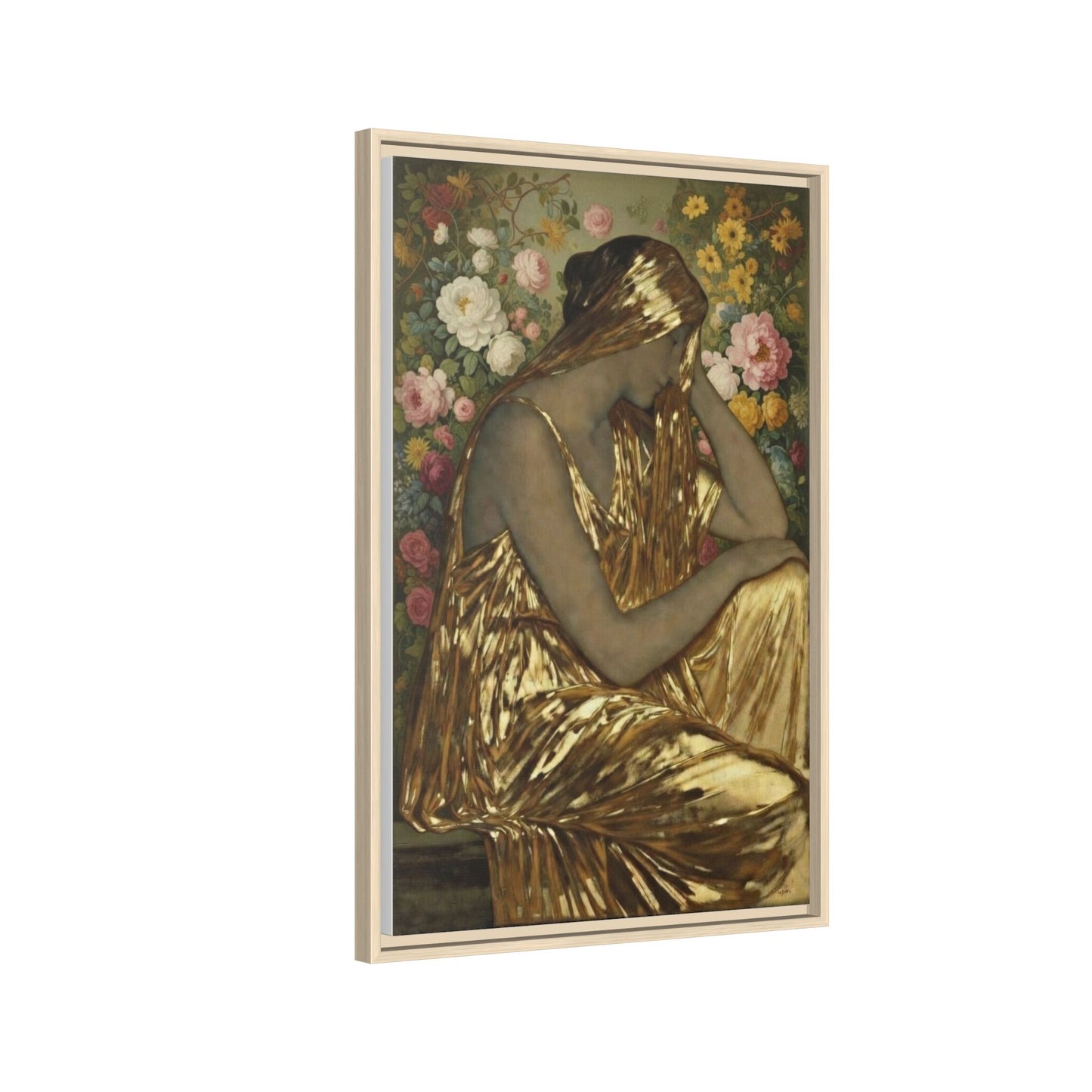 Framed Canvas Art Print — Golden Muse Woman with Floral Background