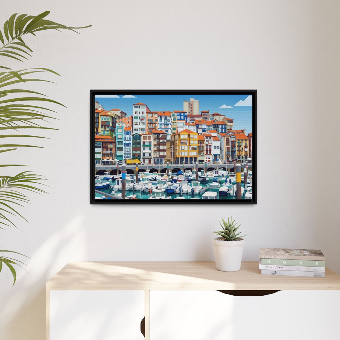 Framed Matte Canvas Print — Colorful Mediterranean Harbor Illustration