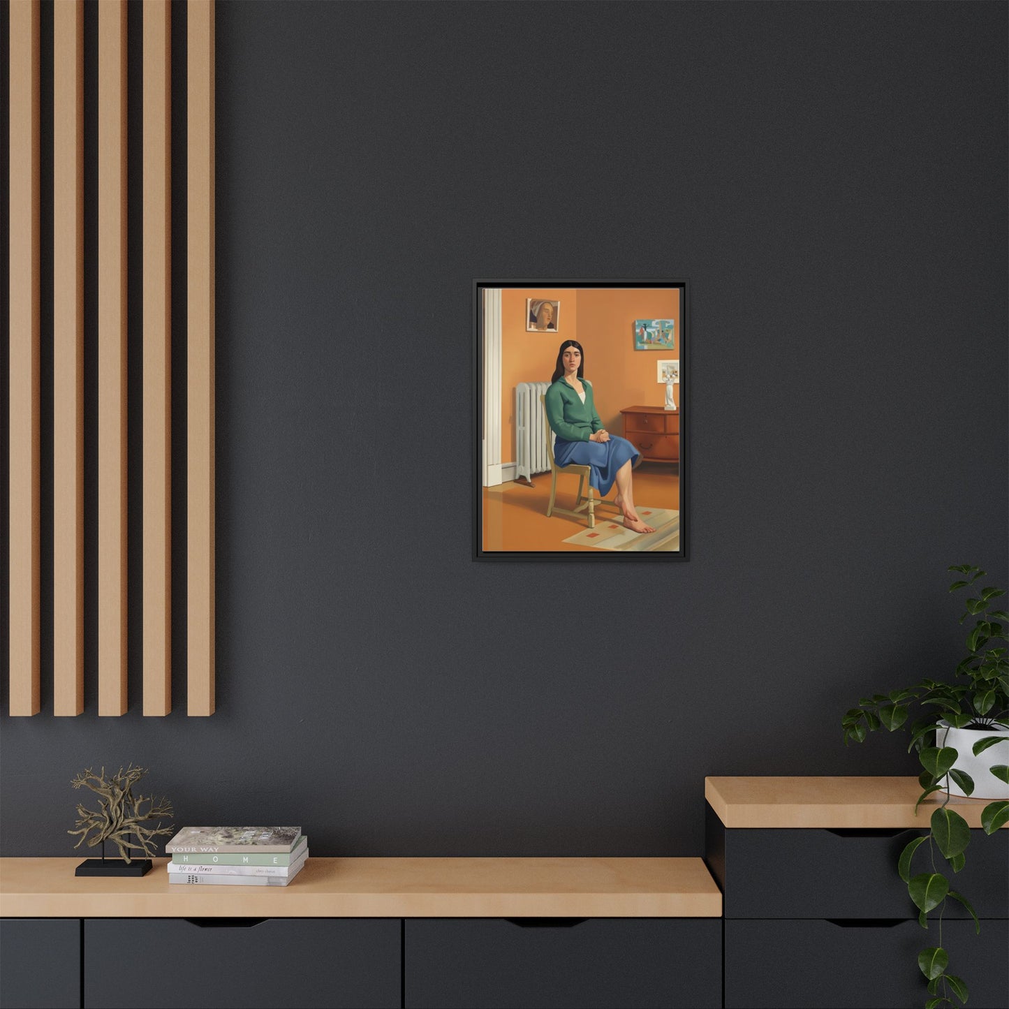 Framed Matte Canvas Print — Woman Seated in Warm Interior (Midcentury Portrait)